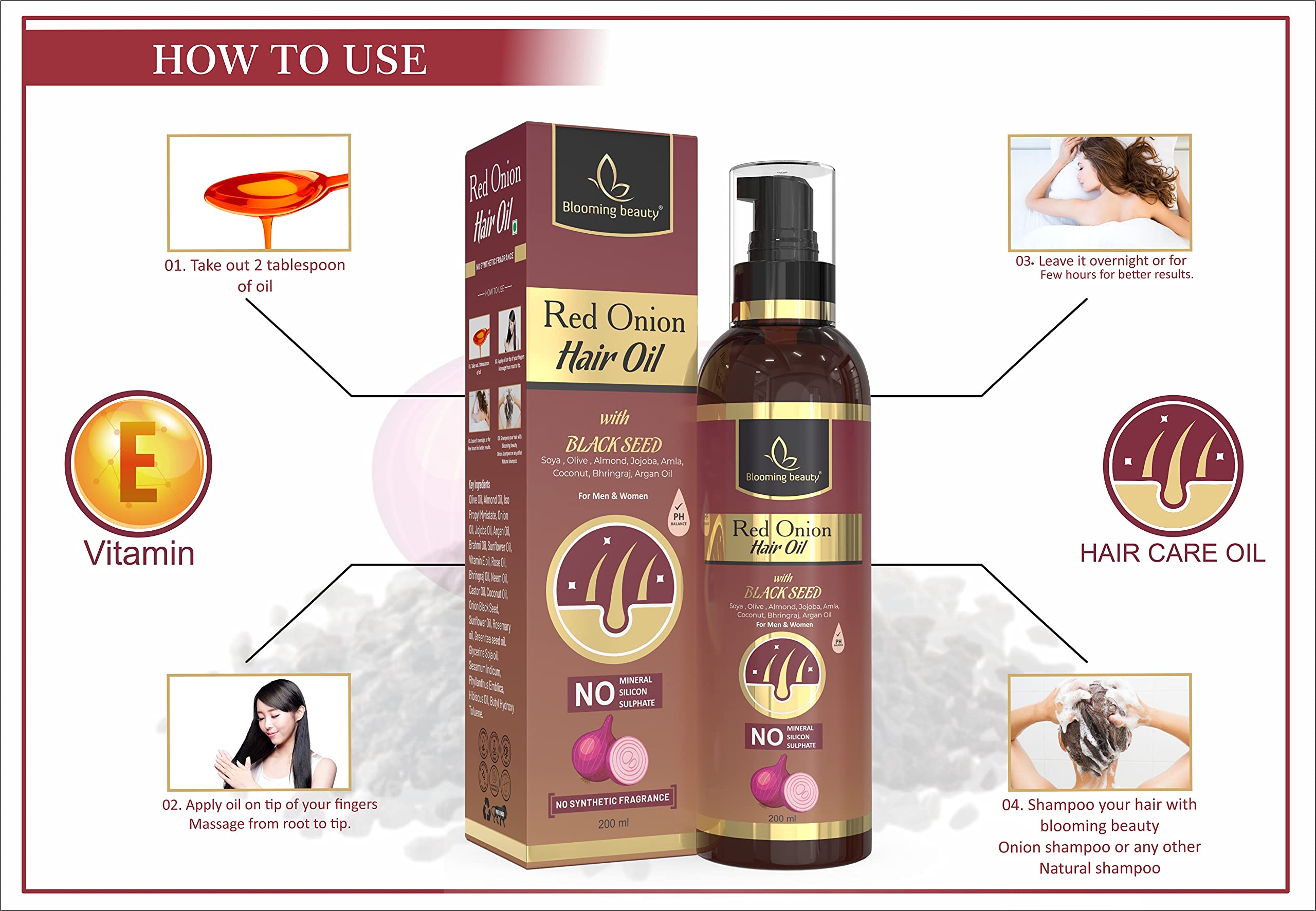 Blooming Beauty Red Onion Hair Growth Oil with Black Seed, Aloe Vera, Neem Leaf & Green Tea - 16 Natural Extracts for Thicker Hair & Hair Loss Prevention (200ml) - Perfect for Daily Scalp Massage & Damaged Hair Repair