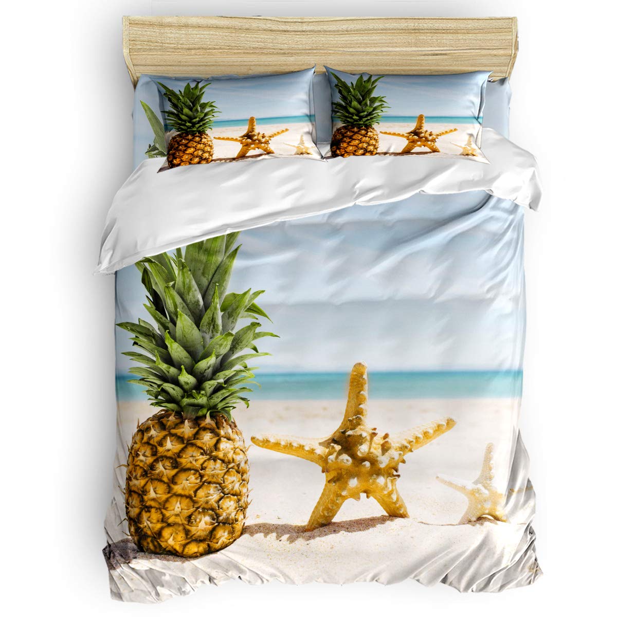 King Size Duvet Cover Set - 4 Piece Beach Theme Pineapple & Starfish Print Breathable Comforter Cover with Flat Sheet & Pillowcases | Tropical Bedroom Decor for Summer, Guest Room & Vacation Home