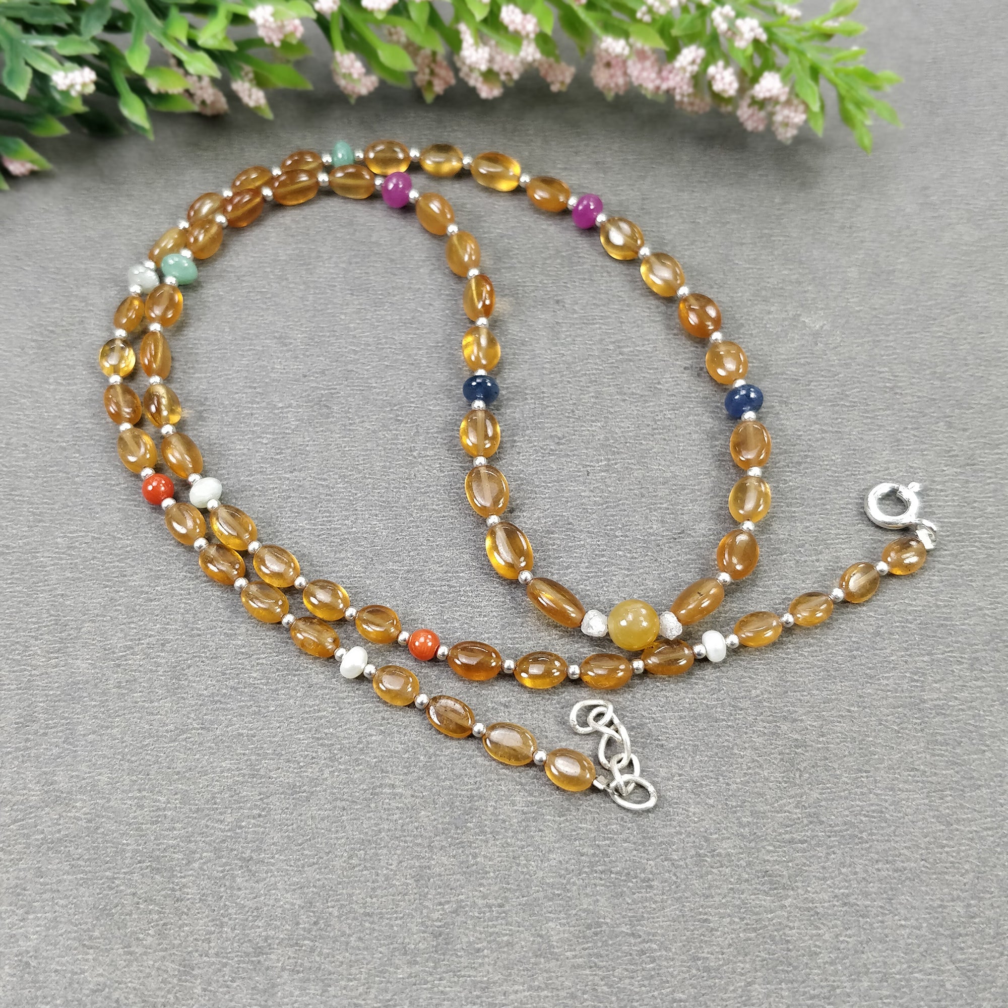 Natural Hessonite Garnet Blue Sapphire Coral Diamond Emerald Cat's Eye Ruby Pearl Navratan Necklace - 13.22gms 5mm & 6.5*5mm 18K Gold - Perfect for Wedding, Anniversary & Festive Occasions
