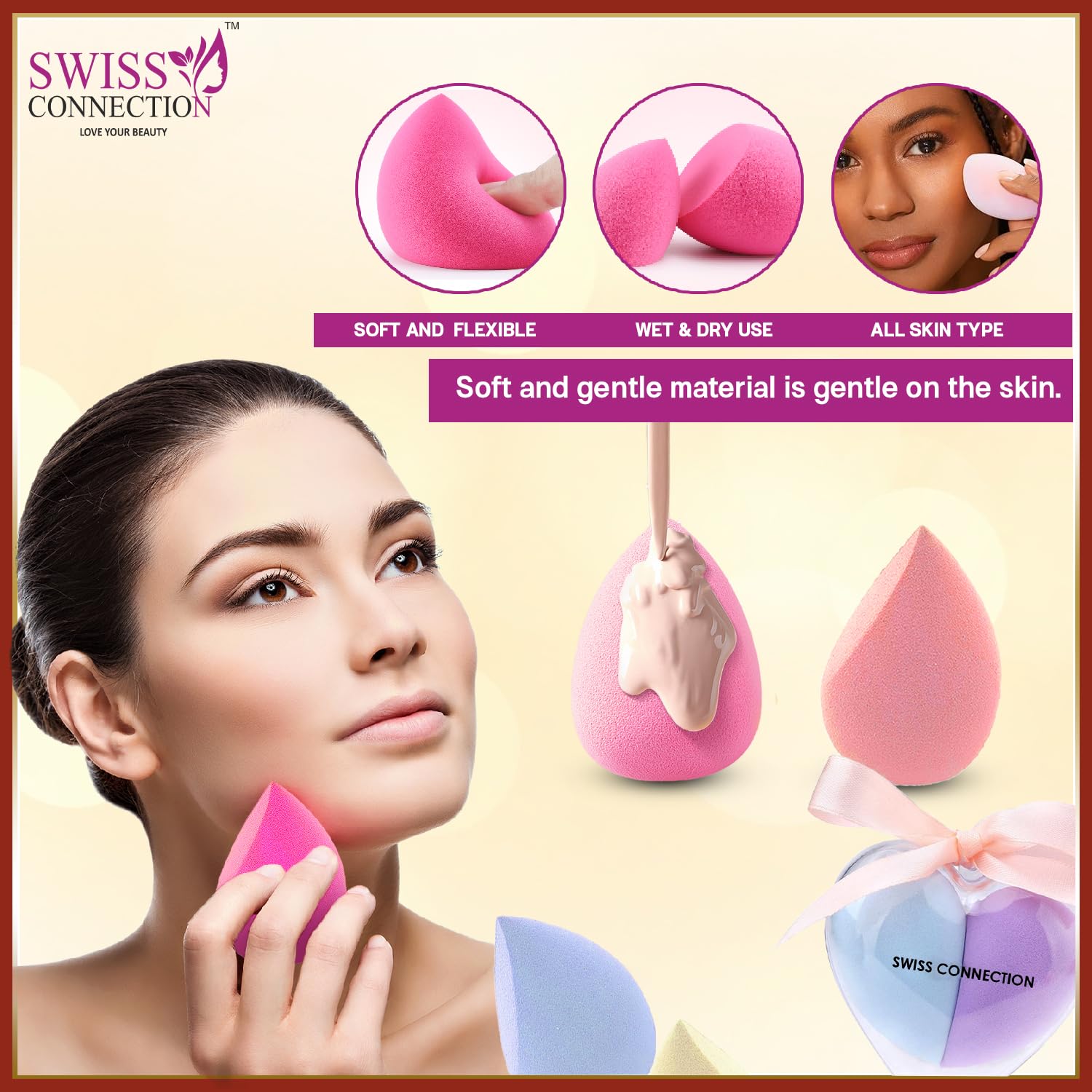 Swiss Connection Portable Double-Side Folding Mirror with Makeup Sponge Beauty Blender, Powder Brush & Non-Slip Wooden Handle Foundation Brush - 3 Pack for Travel, Home Vanity & Professional Makeup Application