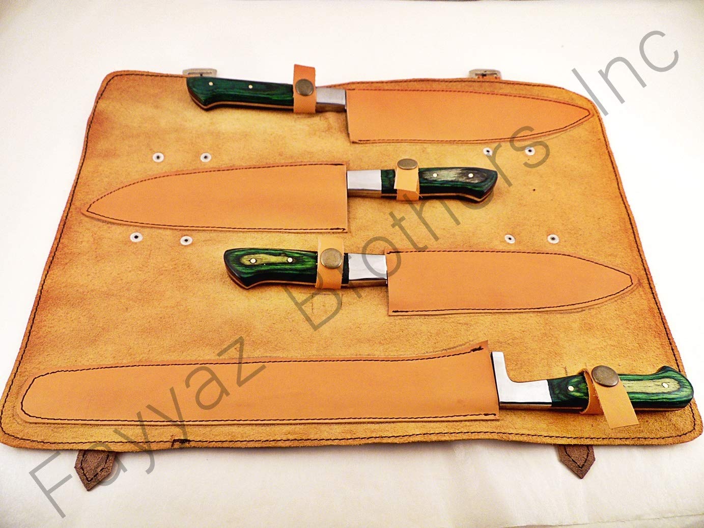 Premium Damascus Steel Kitchen Knives 4-Piece Set - Handcrafted Chef Knife, Utility Knife, Paring Knife & Bread Knife with Green Wood Handle (FBK-1014/1046) - Perfect for Home Cooking, Professional Chefs & Gift Giving
