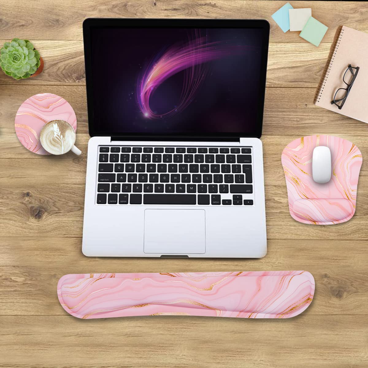 Ergonomic Keyboard & Mouse Wrist Rest Set - Memory Foam Support for Office & Gaming - Pink Fluid Design