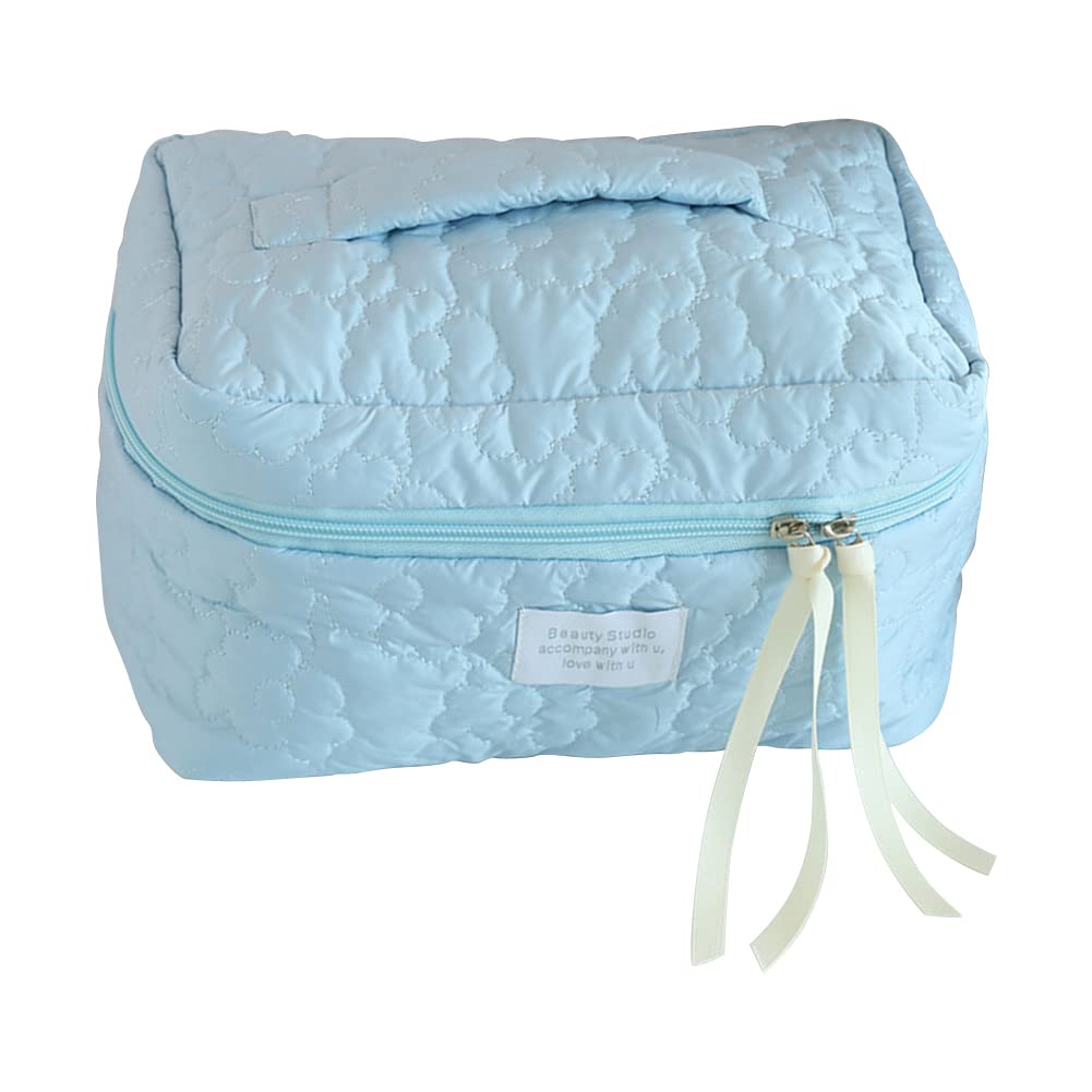 Lushandy Large Capacity Quilted Flower Makeup Bag for Women - Cute Cotton Travel Cosmetic Organizer, Portable Toiletry Storage with Zipper - Perfect for Travel, Gym, Work & Daily Essentials