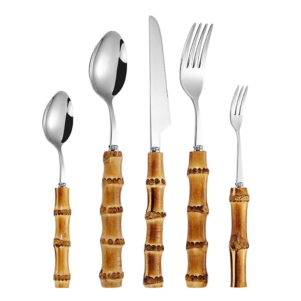 60-Piece Bamboo Handle Stainless Steel Flatware Set - Eco-Friendly Cutlery for 12 People, Dishwasher Safe Kitchen Utensils - Perfect for Dinner Parties, Camping & Sustainable Living