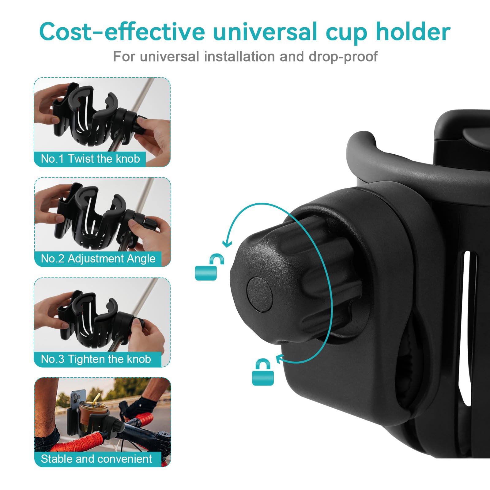 Universal 2-in-1 Stroller & Bike Cup Holder with Phone Pocket - Adjustable Drink Holder for Wheelchairs, Walkers, Scooters - Perfect Gift for Men, Women & Kids (Black) - Ideal for Outdoor Activities, Travel & Daily Commute