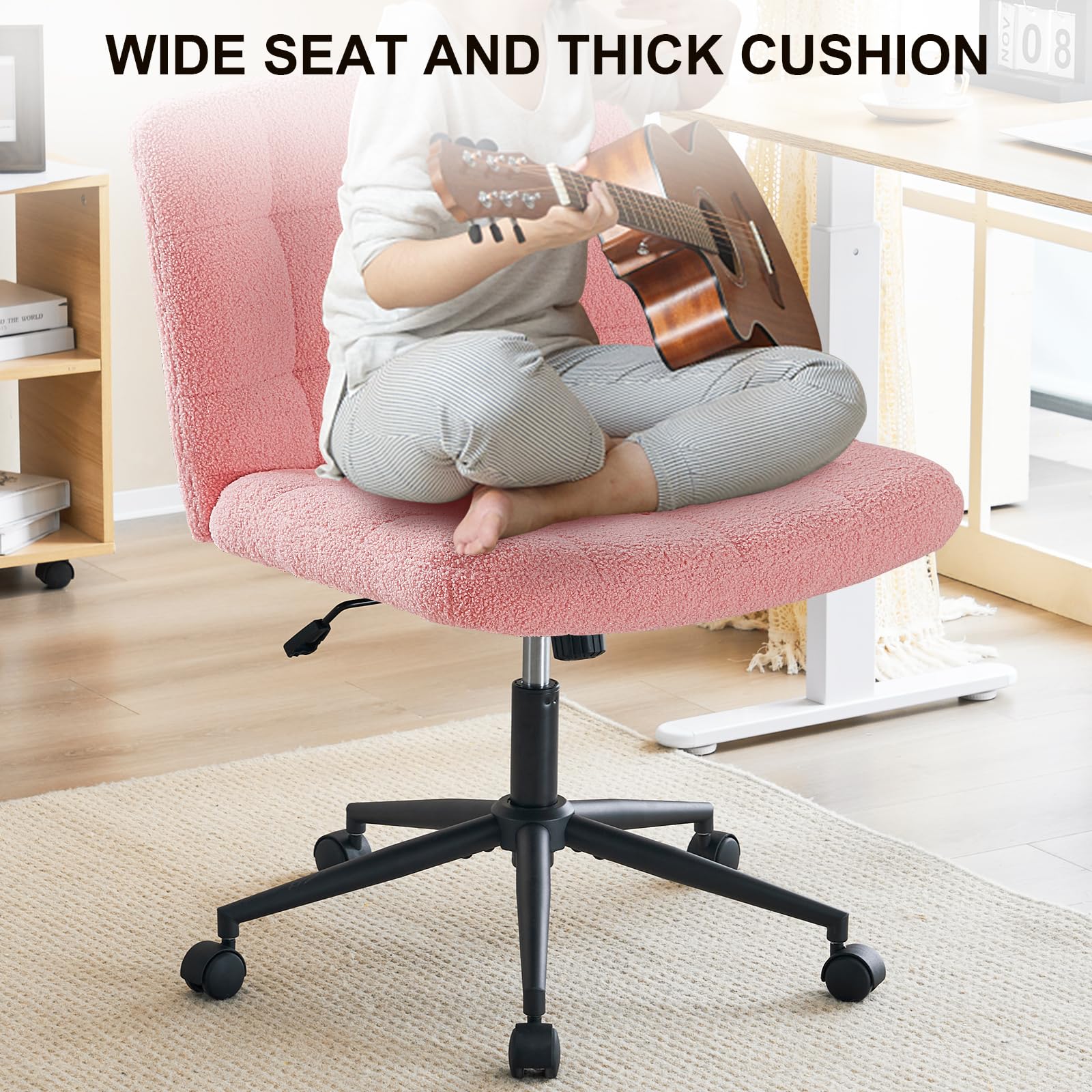 Furnimart Swivel Criss Cross Legged Office Chair with Wheels - Adjustable Height Armless Desk Chair with Comfy Seat, Faux Fur Pink - Perfect for Home Office, Vanity, Bedroom & Small Spaces
