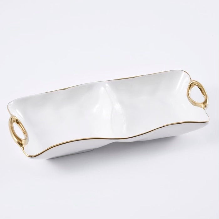 2-Section Tray 12.5 × 5.5 × 2 Inches - White/Gold - Perfect for Home Organization, Jewelry Display & Office Desk Accessories