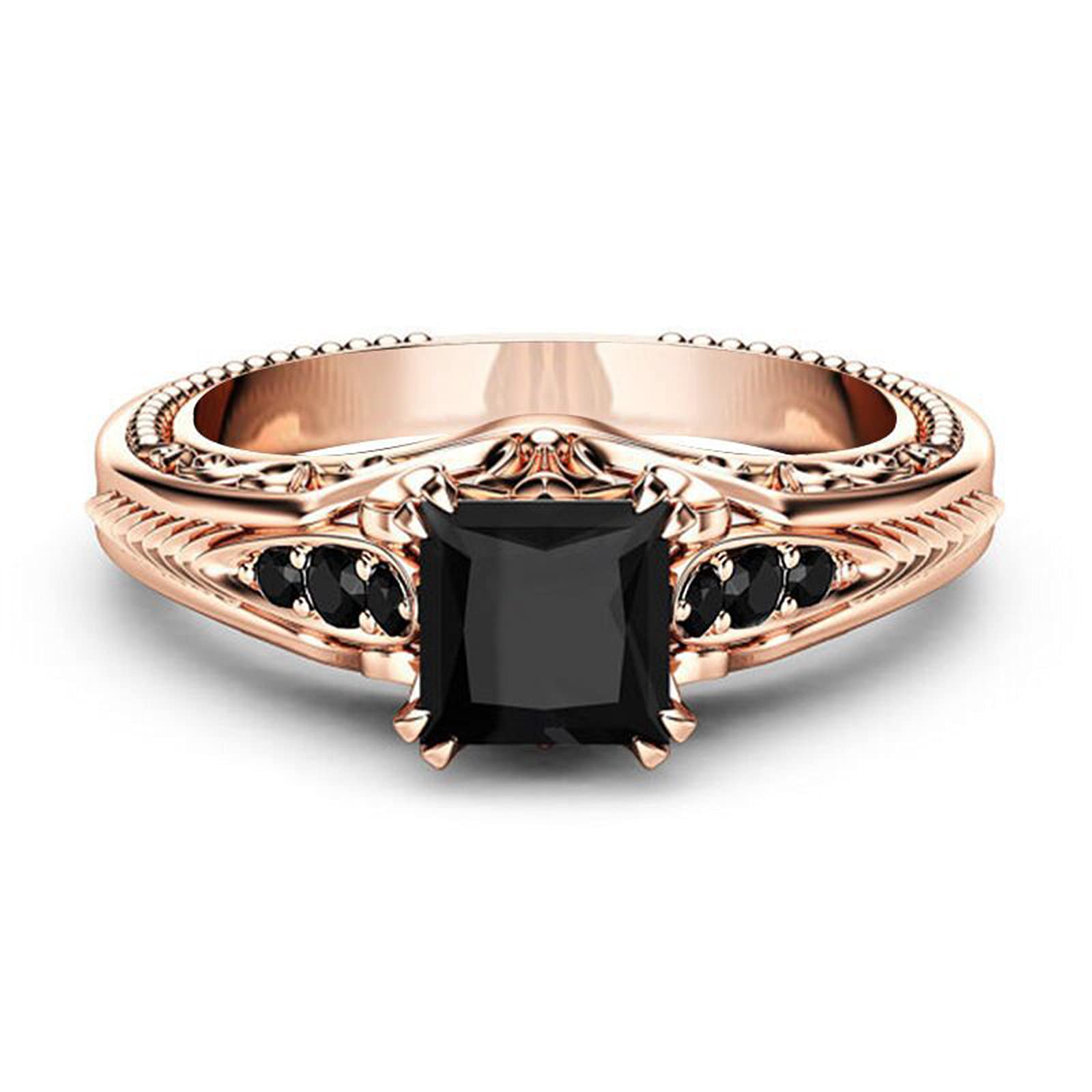 925 Sterling Silver Shiny Full Diamond Black Gemstone Ring - Cubic Zirconia CZ Wedding Band for Women (Golden, Size 8) | Elegant Engagement, Anniversary Gift & Everyday Jewelry for Special Occasions