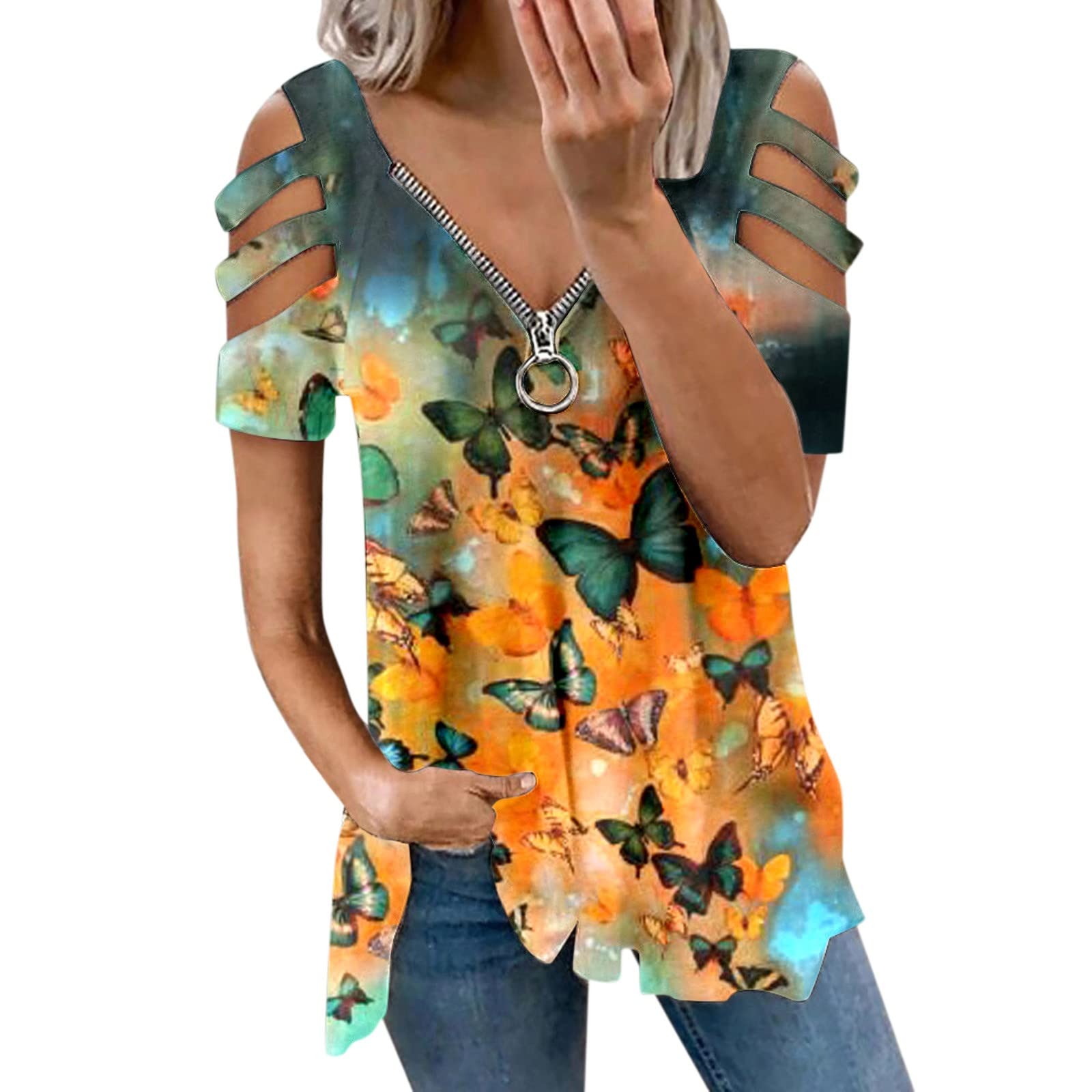 Western Shirts for Women - Zipper V Neck Short Sleeve Pullover Tops with Color Block Stitching | Casual T-Shirt Blouse for Outdoor Activities, Music Festivals & Street Style Fashion