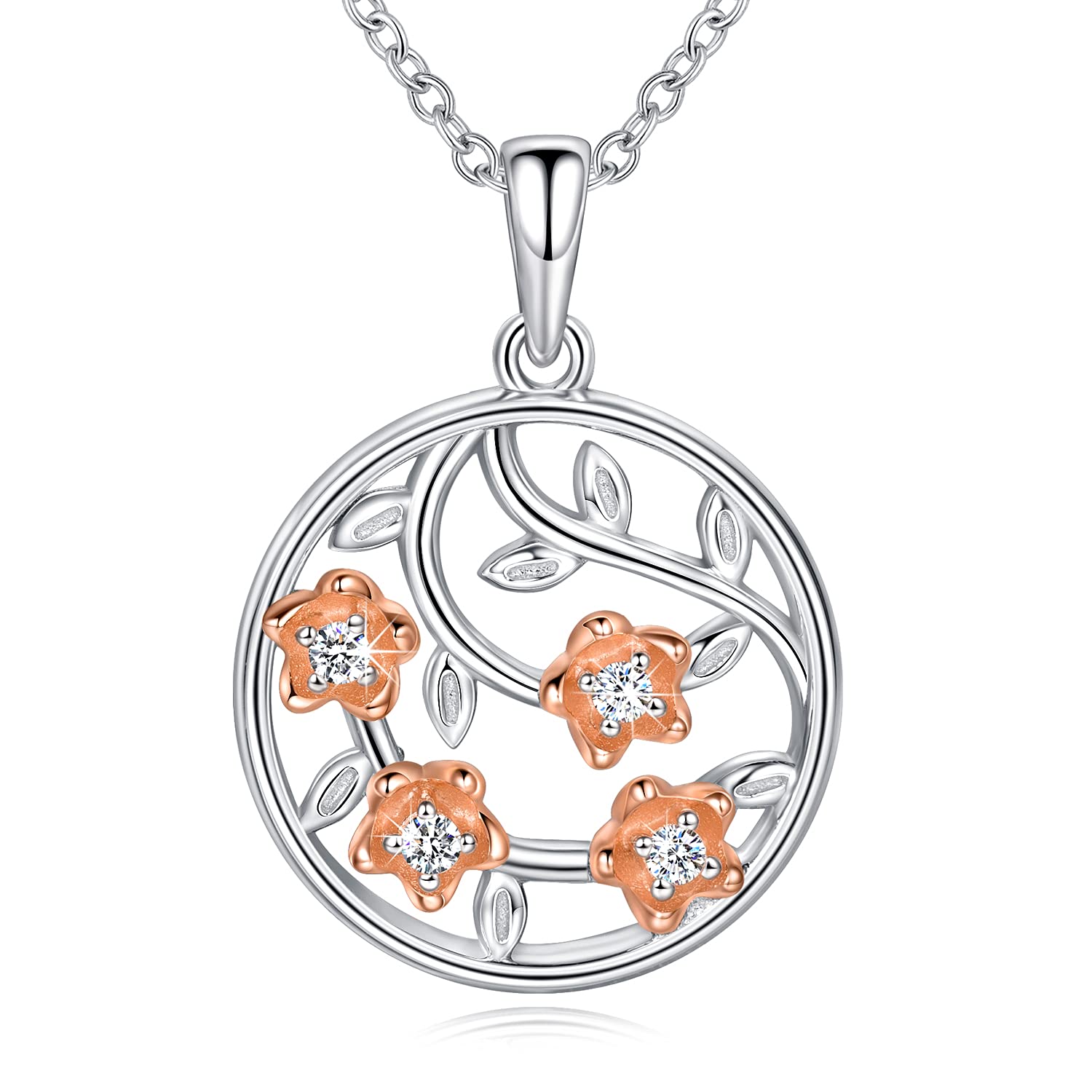 18K Rose Gold Plated Sterling Silver Cherry Blossom Necklace for Women - 4 Flower Pendant Dainty Jewelry Gift for Mom, Anniversary, Birthday | Perfect for Spring Outfits, Weddings & Special Occasions