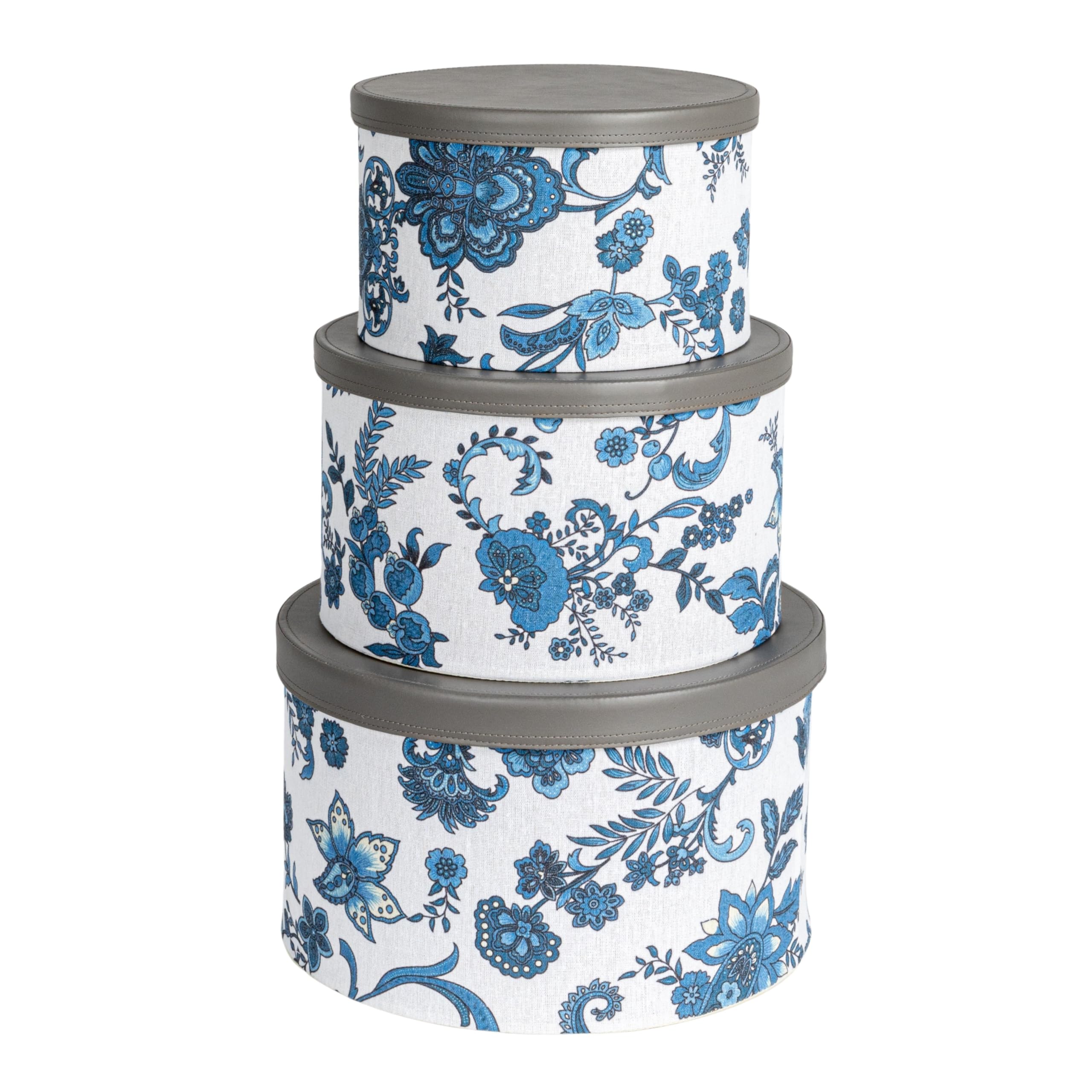 Premium Floral Nestable Hat Boxes with Faux Leather Lids - Cream & Blue Set of 3 | Stylish Home Storage for Hats, Scarves & Accessories | Perfect for Closet Organization & Gift Packaging