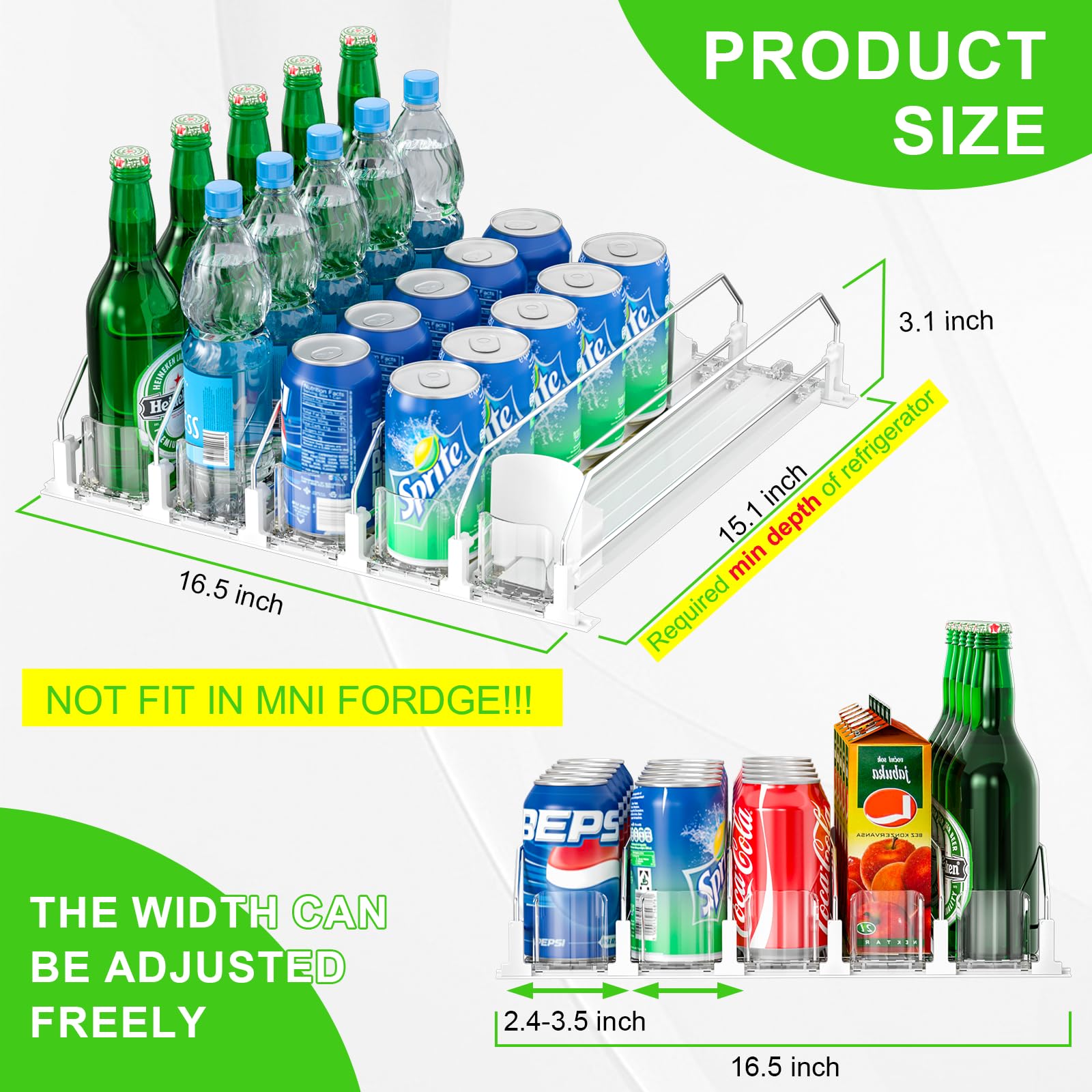 Upgraded Fridge Drink Organizer - Space-Saving Beverage Dispenser with Automatic Pusher Glide & Adjustable Width - Holds 25 Cans (5 Rows, White) - Perfect for Soda, Beer, Juice Organization in Home, Office or Party Fridge