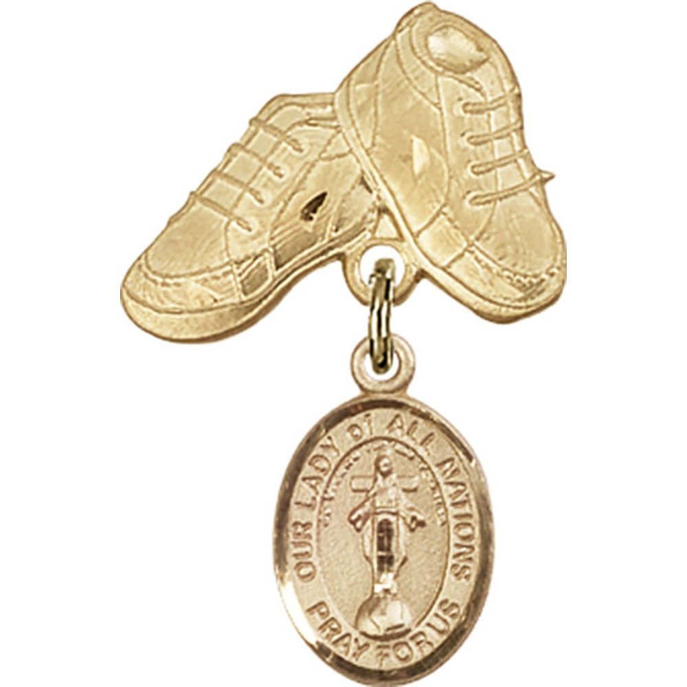 Gold Filled Baby Badge with Our Lady of All Nations Charm & Baby Boots Pin - 1 X 5/8 Inch Religious Jewelry for Christening, Baptism Gifts & Newborn Blessings