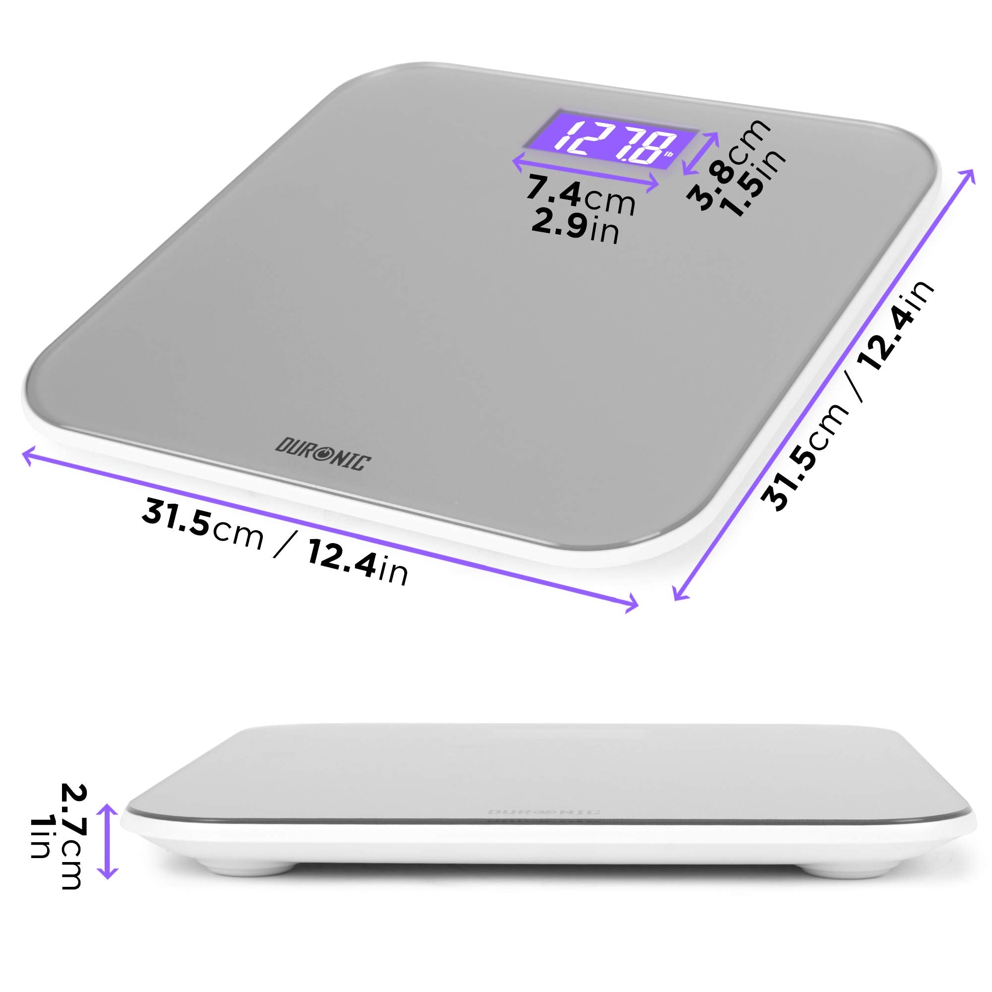 Duronic BS603 Digital Bathroom Scale - Accurate Body Weight Measurement in kg/lbs/stones, Silver Glass Design with Purple Backlight, Step-On Technology, High Precision Sensors (180kg Capacity) - Perfect for Home Gym, Fitness Tracking & Health Monitoring