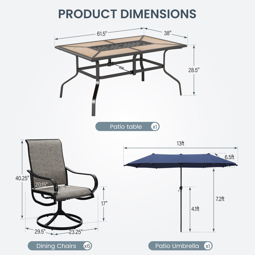 PHI VILLA 8-Piece 13ft Patio Umbrella Dining Set with Textilene Swivel Chairs & Wood-Like Table - Outdoor Furniture for Backyard, Garden, Poolside & Restaurant Use