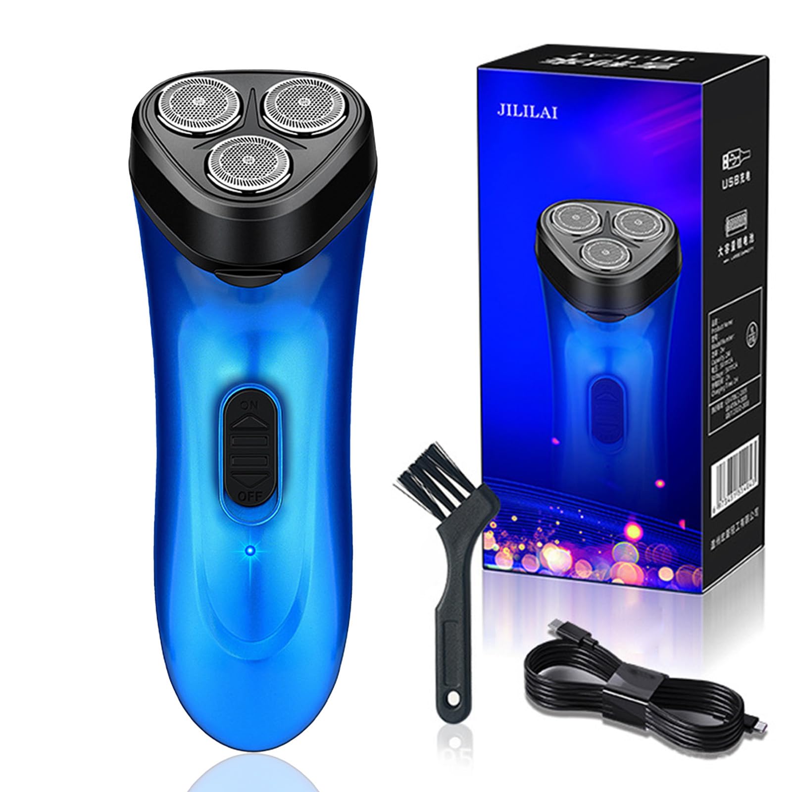 USB Rechargeable Electric Shaver for Men - Portable Lightweight Wet & Dry Shaving with Cleaning Brush - Home & Travel Use - Blue