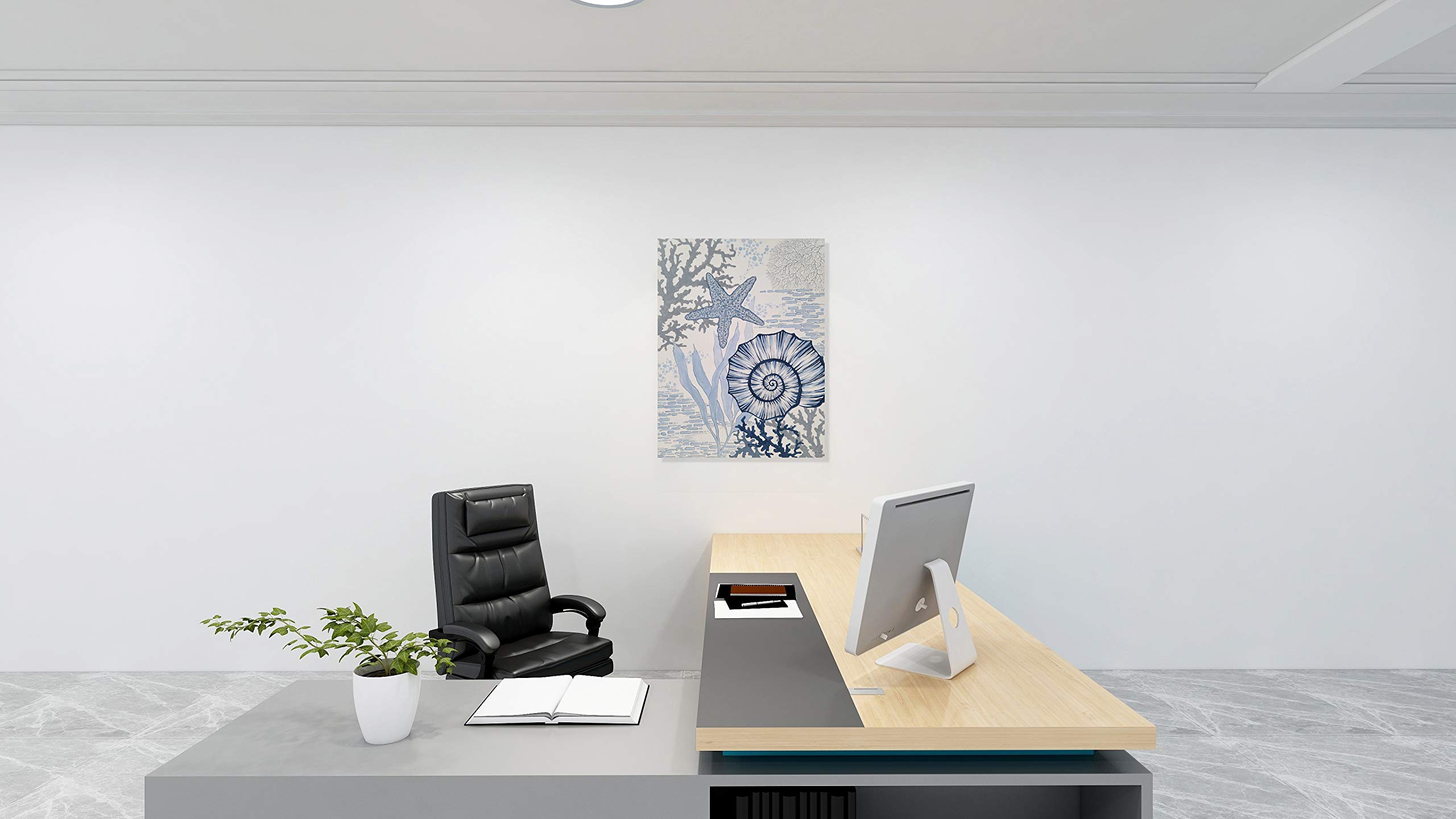 Hand Painted Coastal Canvas Wall Art - Blue and White Sea Shell & Starfish Painting for Living Room, Bedroom, Bathroom Decor | Beach Theme Home Décor, Perfect for Coastal Style Interiors