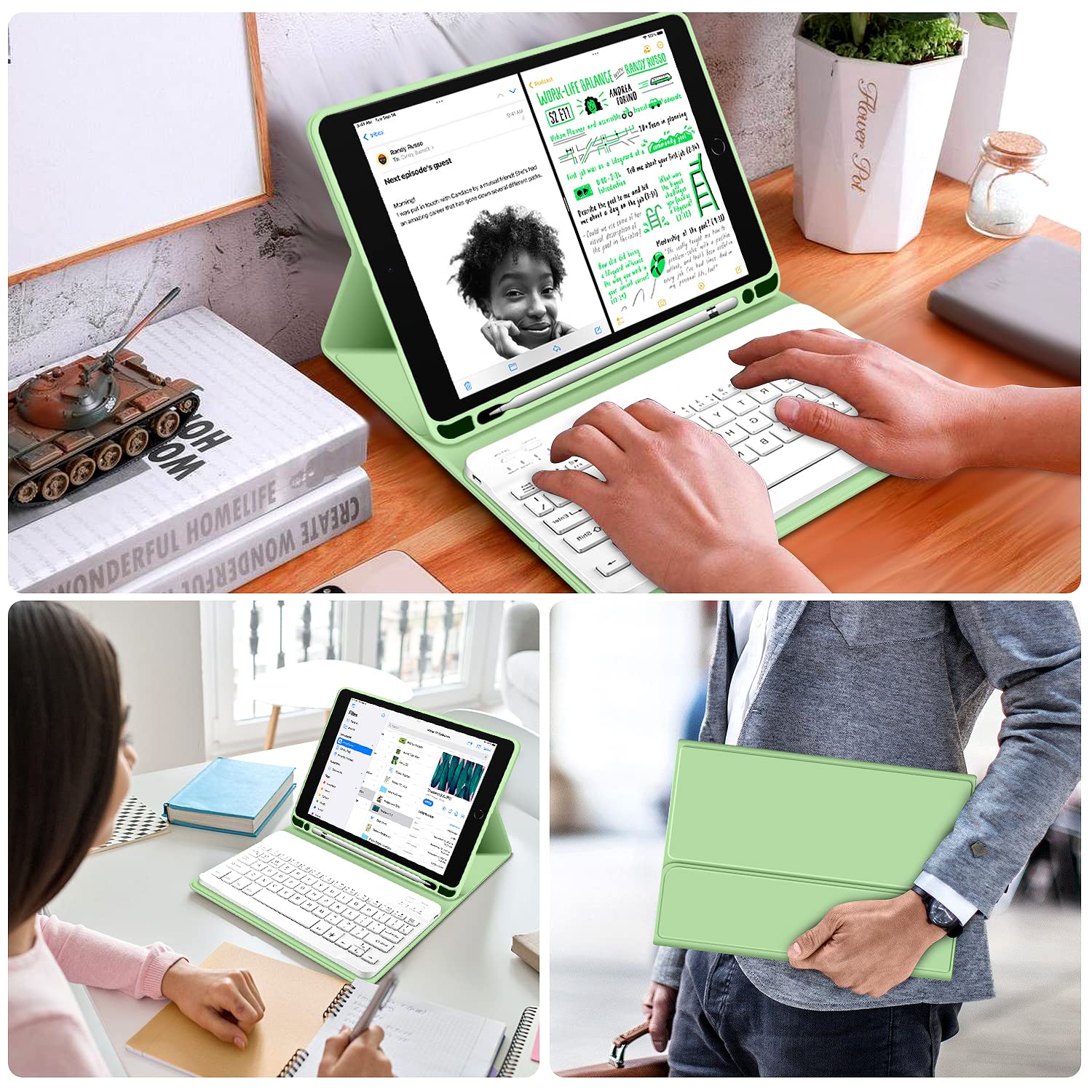 Kenke Ultra Slim Wireless Keyboard Case for iPad 9.7 inch (6th/5th Gen & Air 2/1) - Lightweight Smart Cover with Apple Pencil Holder & Magnetic Detachment - Green | Perfect for Work, Study & Travel