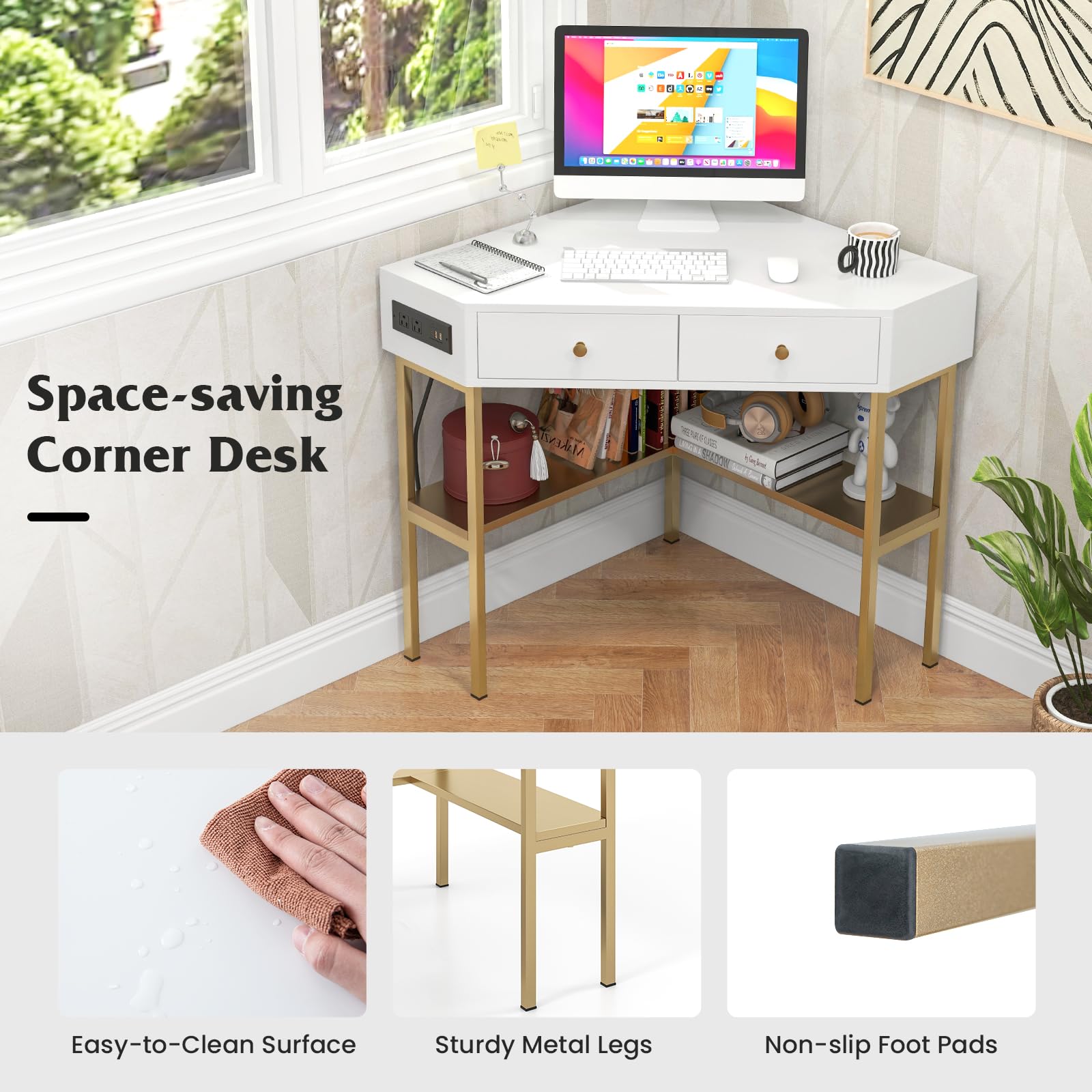 Tangkula White Corner Desk with 2 Drawers & Built-in Charging Station - 90° Triangle Computer Desk for Small Spaces, Home Office, Bedroom Makeup Vanity with Storage Shelves - Perfect for Work, Study & Beauty Routine