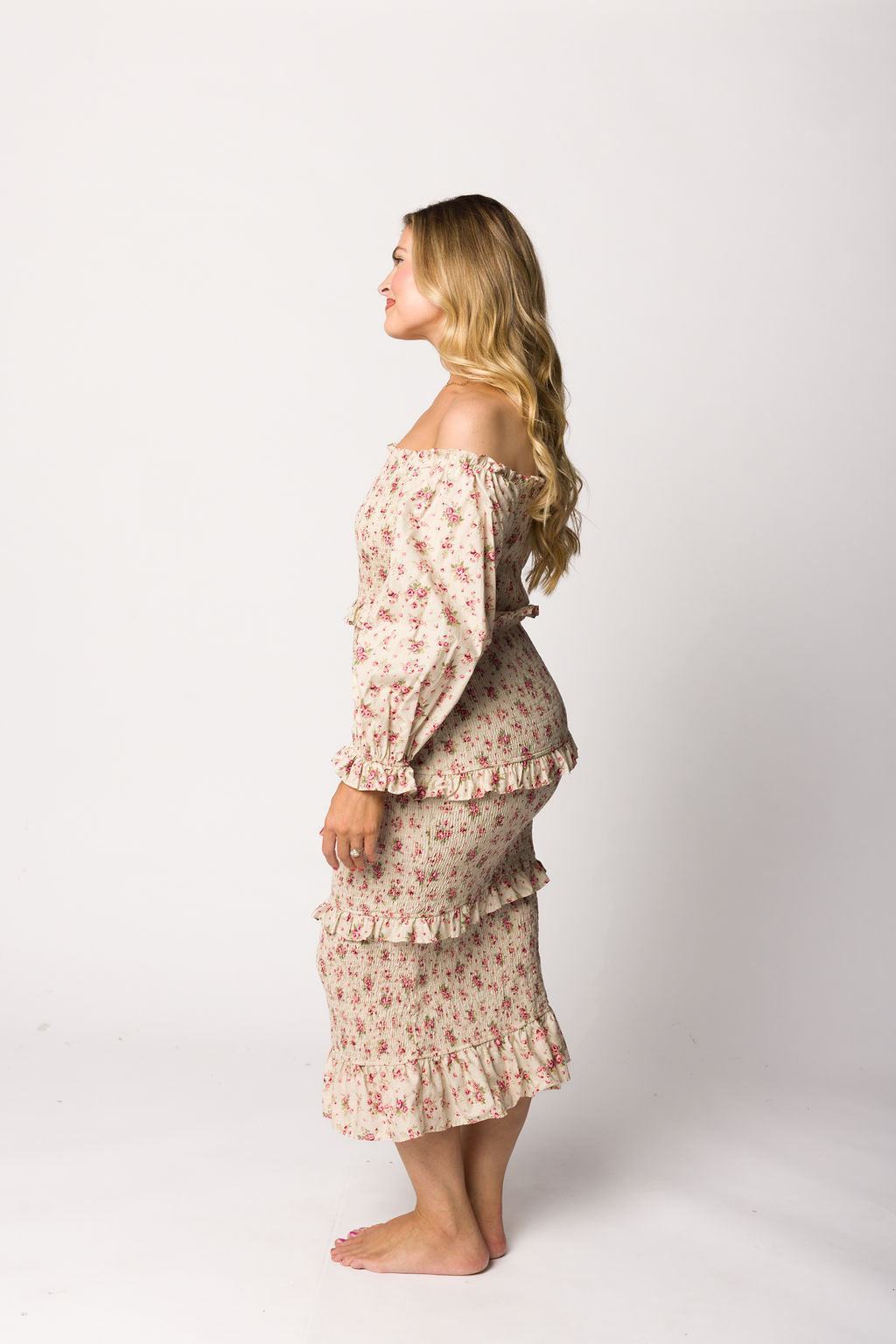 Lila Floral Printed Smocked Midi Dress - Pink Maternity Dress for Pregnancy, Bump Friendly, Summer Casual Wear, Baby Shower & Photoshoot Outfit