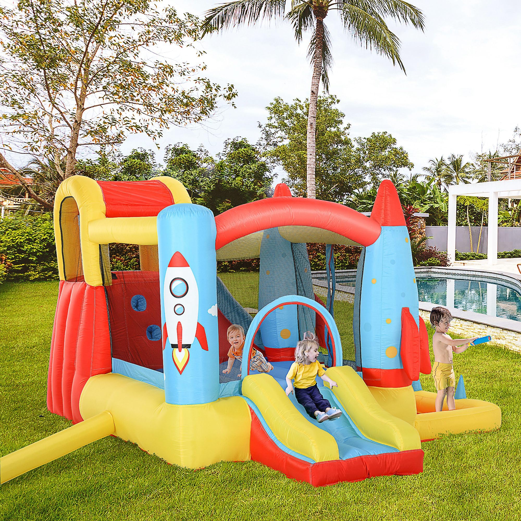 Outsunny 4-in-1 Kids Inflatable Water Slide & Bounce House with 2 Slides, Climbing Wall, Trampoline & Splash Pool - Perfect for Backyard Birthday Parties, Summer Water Play & Outdoor Family Fun