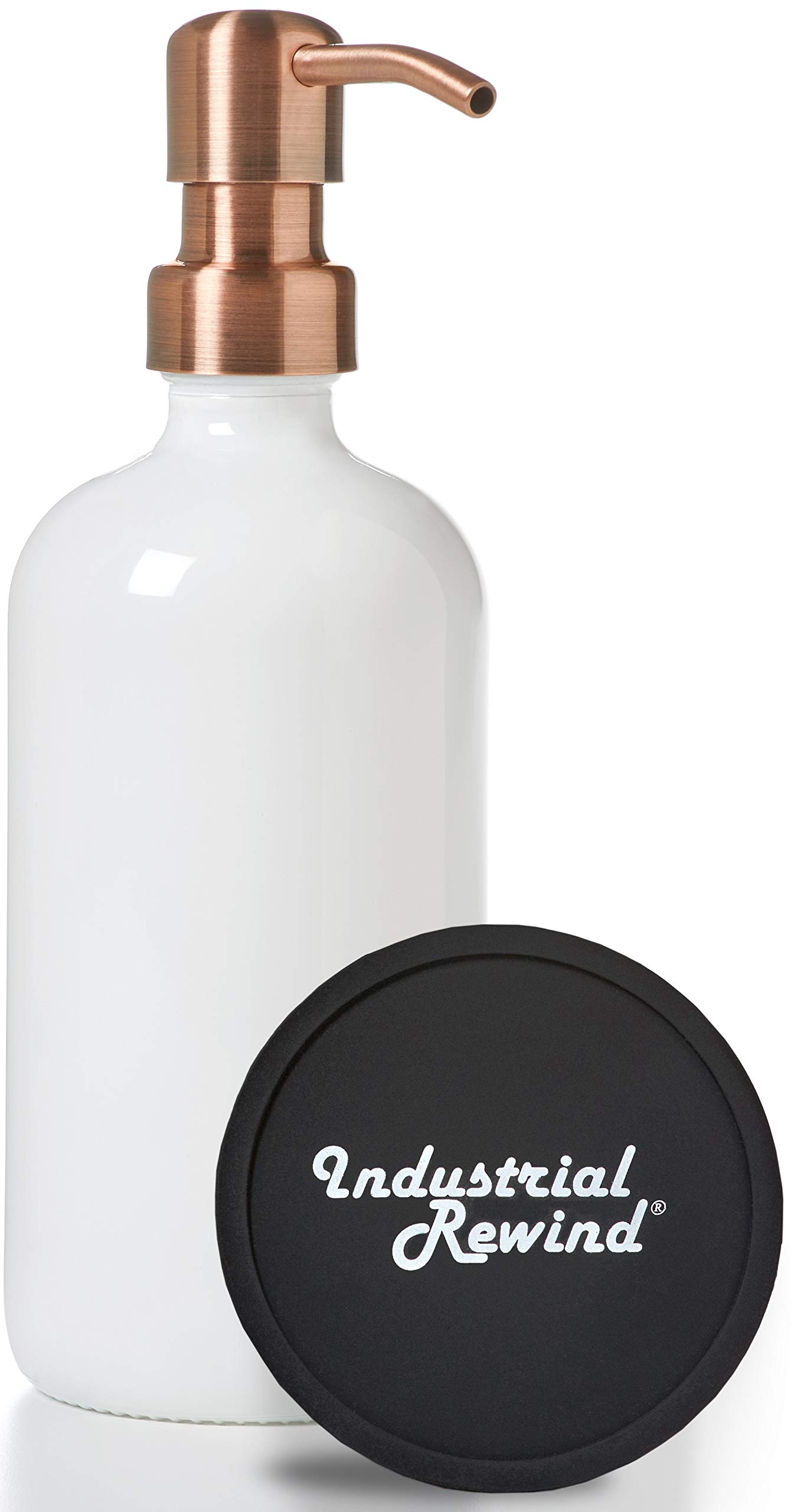 Antiqued Copper Metal Pump White Soap Dispenser - 16oz Glass Bottle for Liquid Soap, Lotion & Shampoo | Vintage Style Bathroom & Kitchen Decor | Hand Wash, Dish Soap & Beauty Product Dispenser