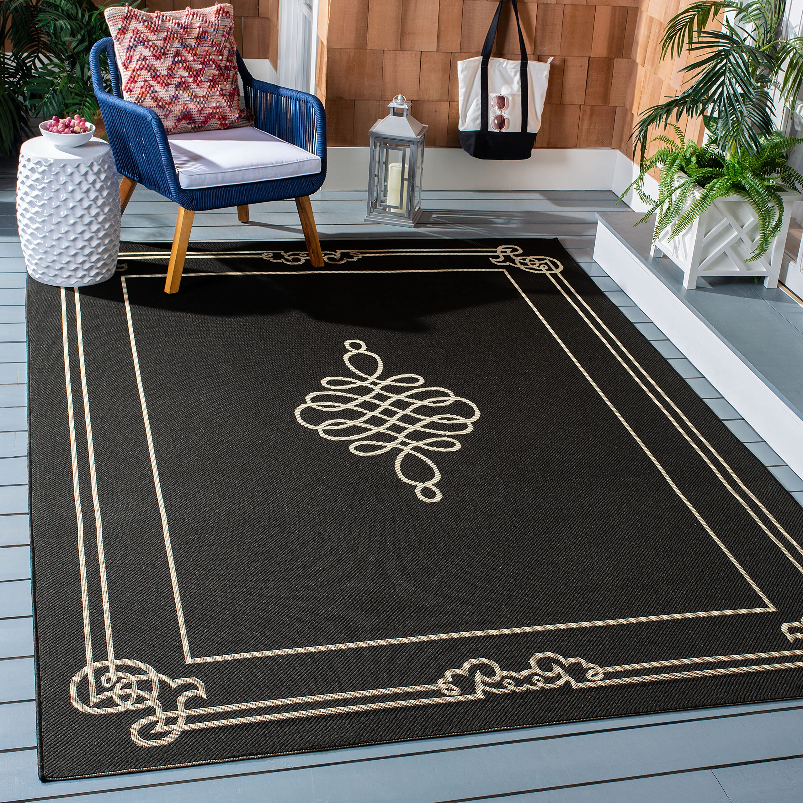 SAFAVIEH Courtyard Collection 8' x 11' Black & Cream Indoor Outdoor Rug - Waterproof, Easy Clean, Non-Slip Backing - Perfect for Patio, Backyard, Mudroom, Deck & Poolside Areas