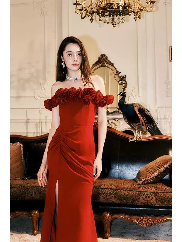 Elegant Off-The-Shoulder 3D Floral Red Evening Dress with High Slit - Perfect for Prom, Cocktail Parties & Date Nights - Style J6537