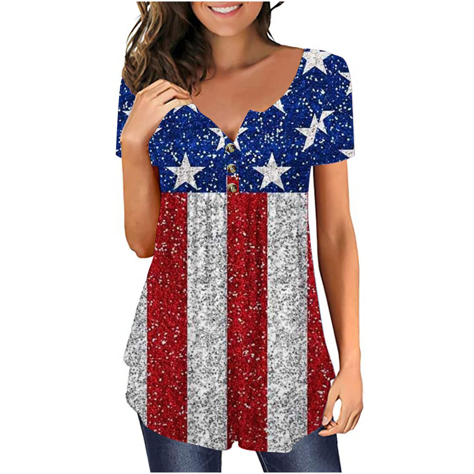 Women's Sparkly Sequin American Flag T-Shirt - Short Sleeve Scoop Neck Dressy Casual Top for Independence Day & Summer | Perfect for 4th of July Parties, BBQ Gatherings, and Patriotic Events