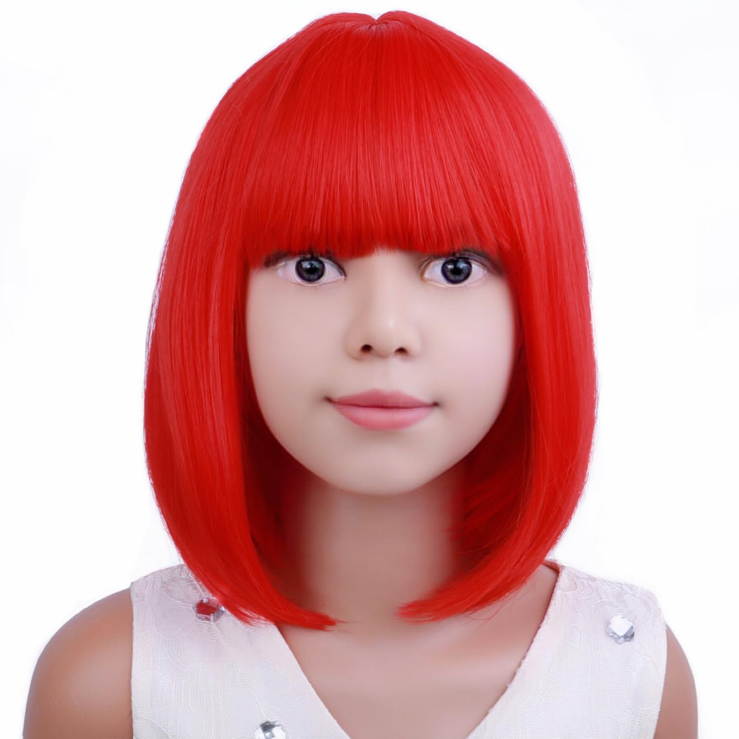 Kids Red Bob Wig for Girls - Short Synthetic Cosplay Wig for Halloween, Parties & Daily Wear - Soft & Comfortable Rose Net Wig (Red)