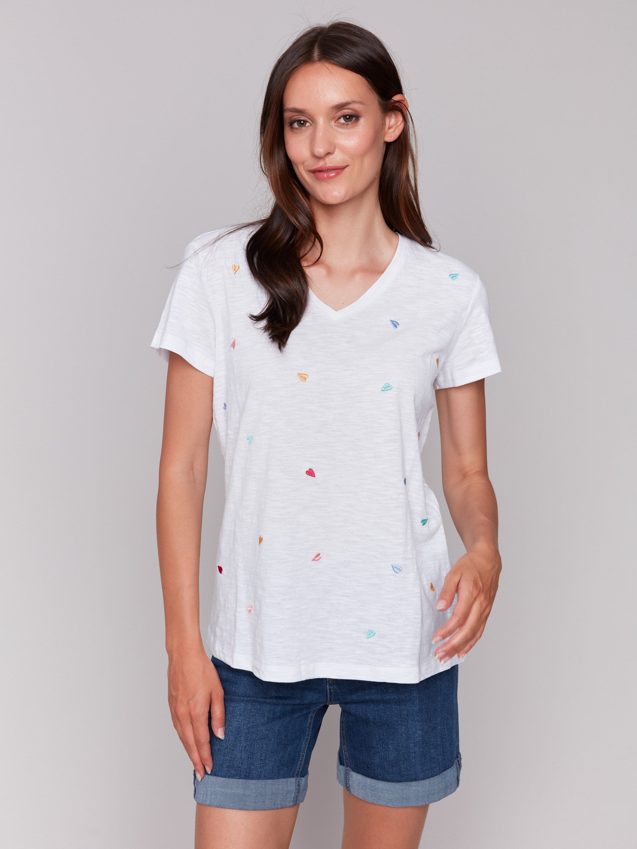 Embroidered Cotton V-Neck T-Shirt with Heart Design - Women's Casual Comfortable Tee for Everyday Wear, Dates & Outings
