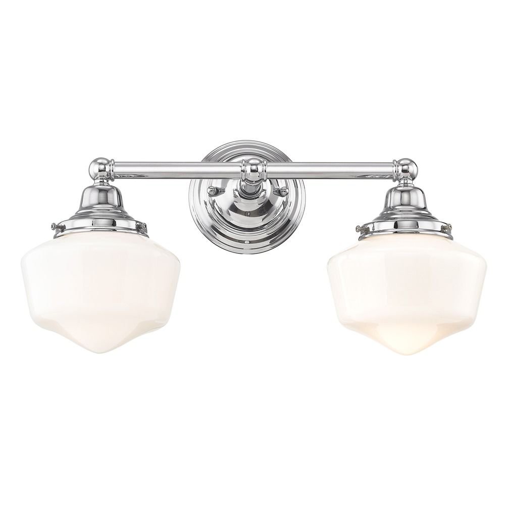 Schoolhouse Bathroom Light Fixture - Chrome Finish with White Opal Glass - 2-Light 17-Inch Vanity Light for Bathroom & Powder Room