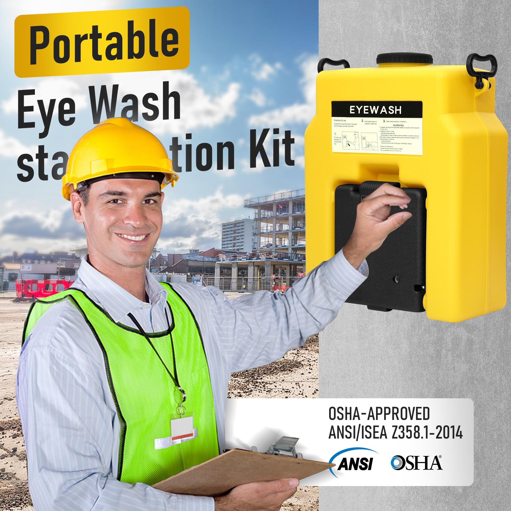 15 Gallon OSHA-Approved Portable Emergency Eyewash Station - ANSI Certified Wall Mounted First Aid Unit with Dual Spray (20 Minute Flow) - Ideal for Laboratories, Construction Sites & Industrial Workplaces