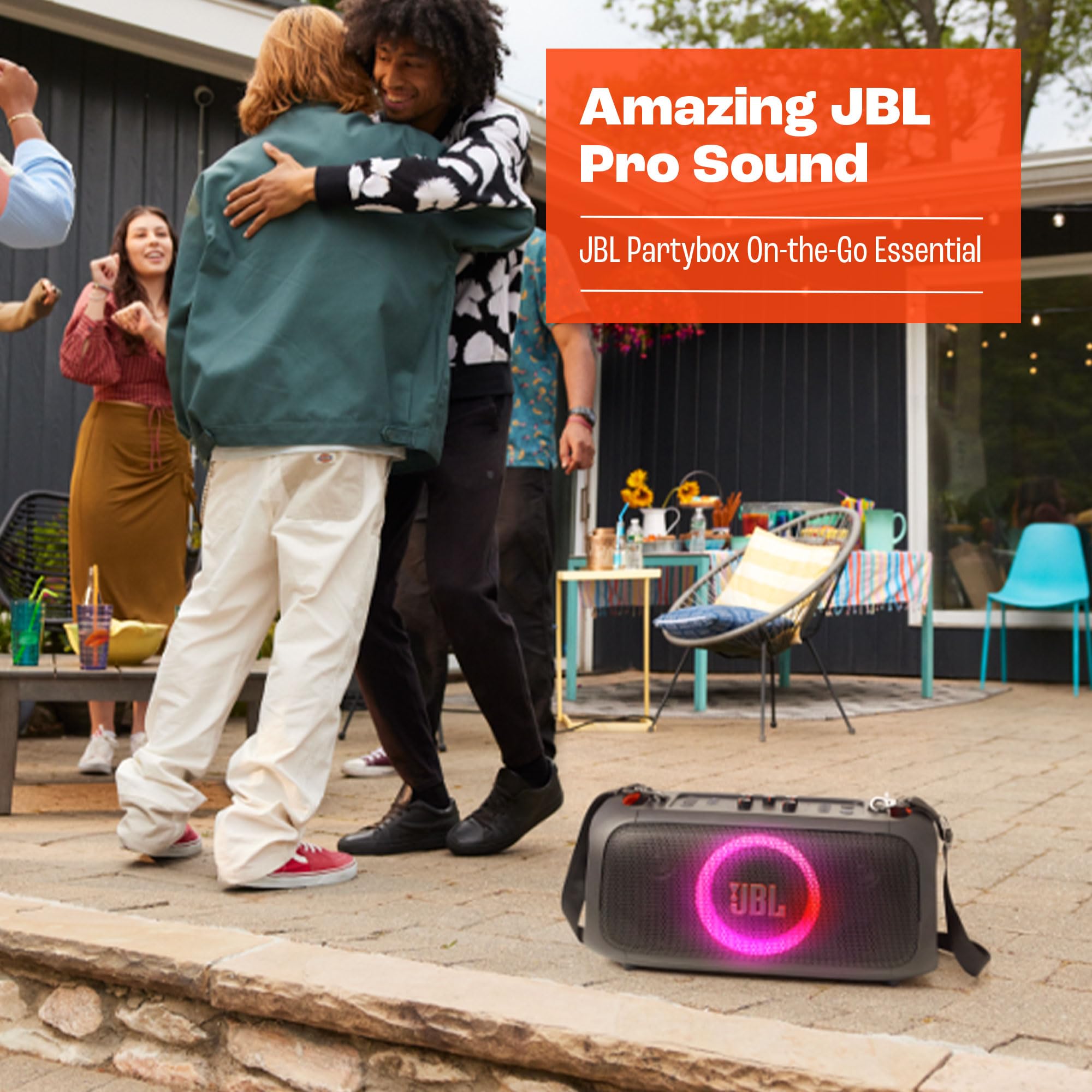 JBL PartyBox On-The-Go Essential - Portable Bluetooth Party Speaker with Built-in LED Lights & Wireless Mic | Pro Sound Quality, IPX4 Water Resistant, 6-Hour Battery Life, Shoulder Strap | Perfect for Outdoor Parties, Beach Trips & Camping