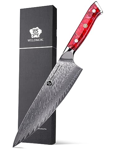 Silver Damascus steel feather pattern Blade, Red resin handle
