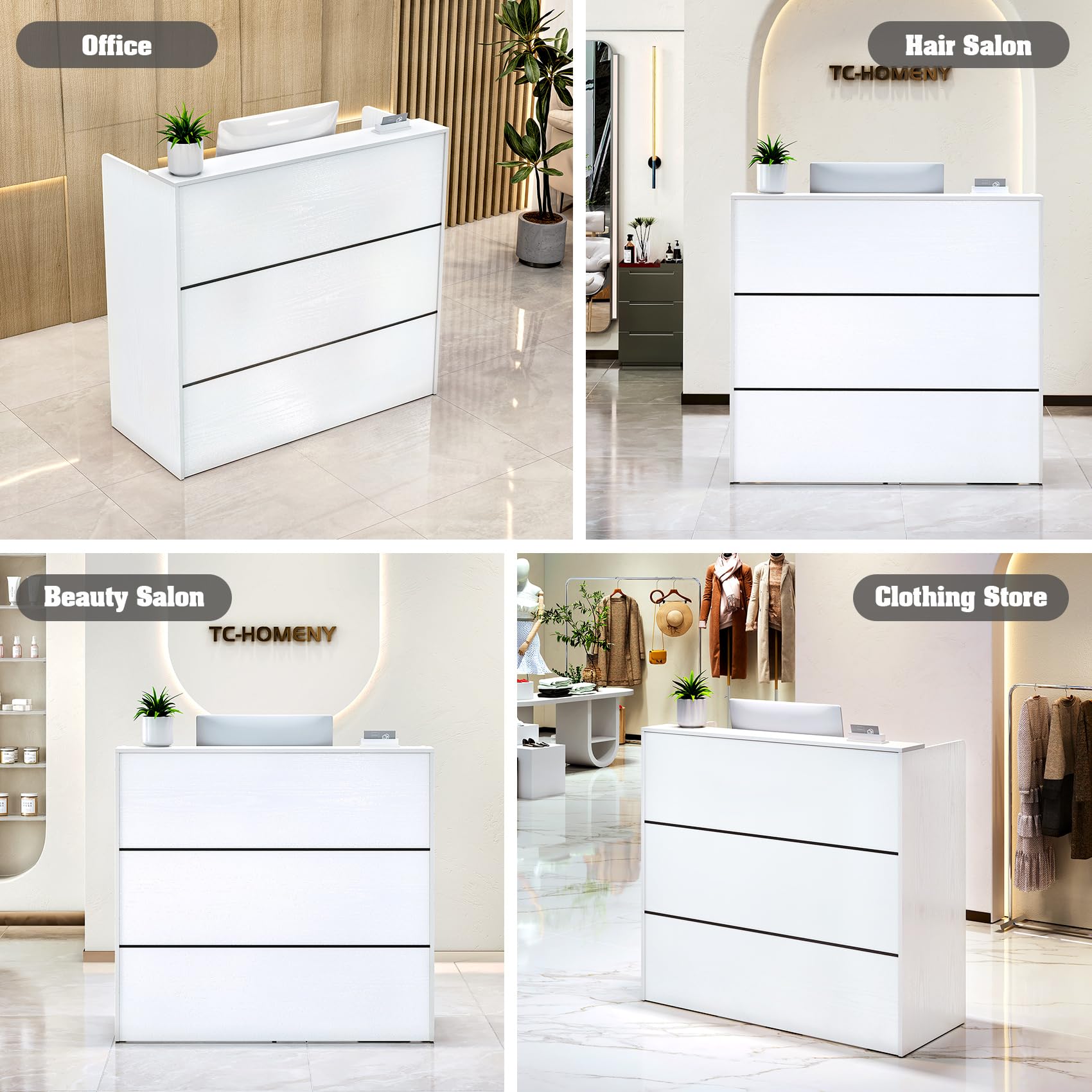 TC-HOMENY 48'' White Modern Reception Desk Counter Table with Cable Grommet - Perfect for Beauty Salon, Retail Store & Home Office (48