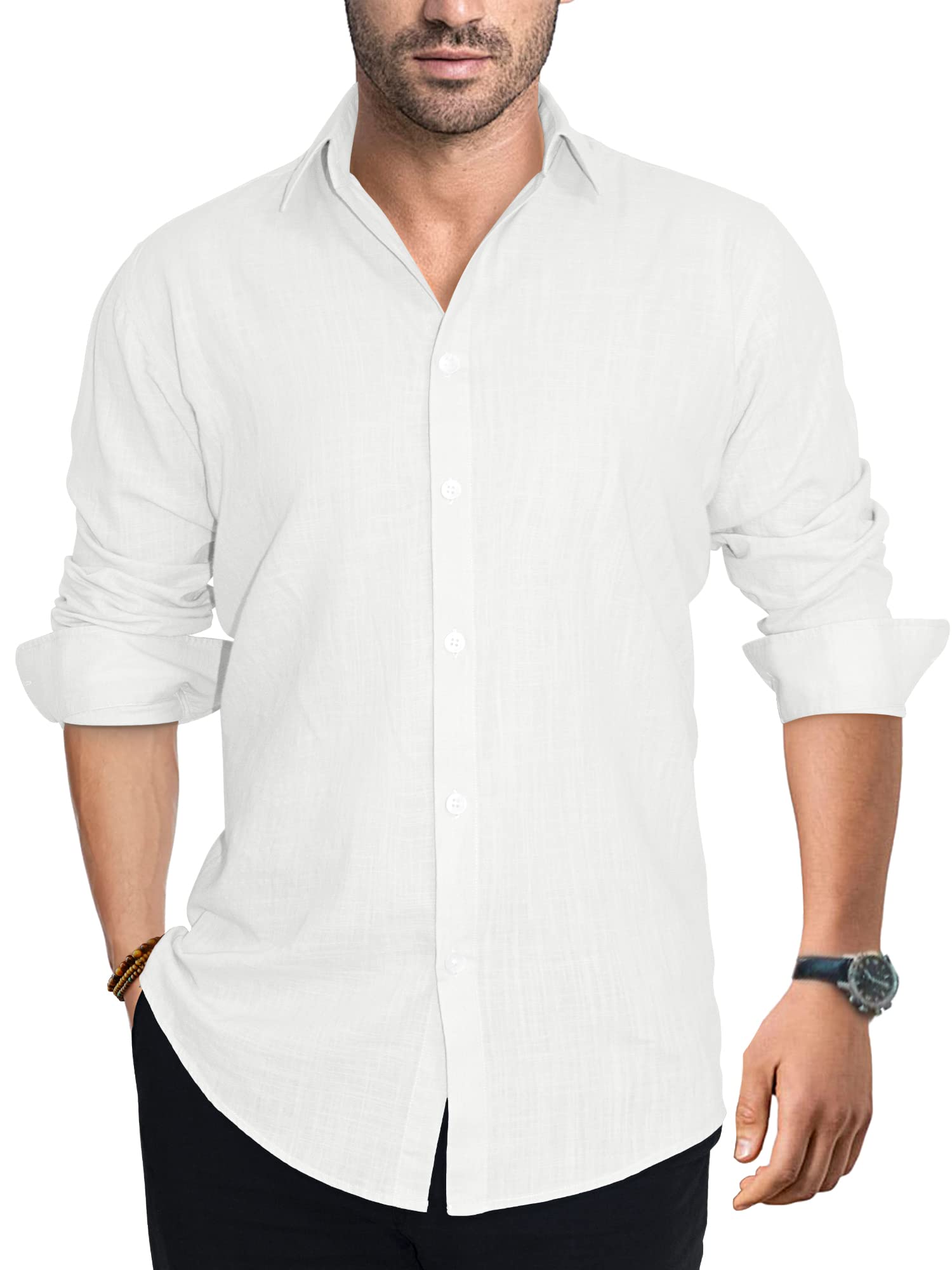 Porseme Men's Casual Linen Cotton Long Sleeve Button Down Shirt - Breathable Summer Beach Shirt with Spread Collar (XS-3XL) | Perfect for Outdoor Activities, Vacation & Casual Wear