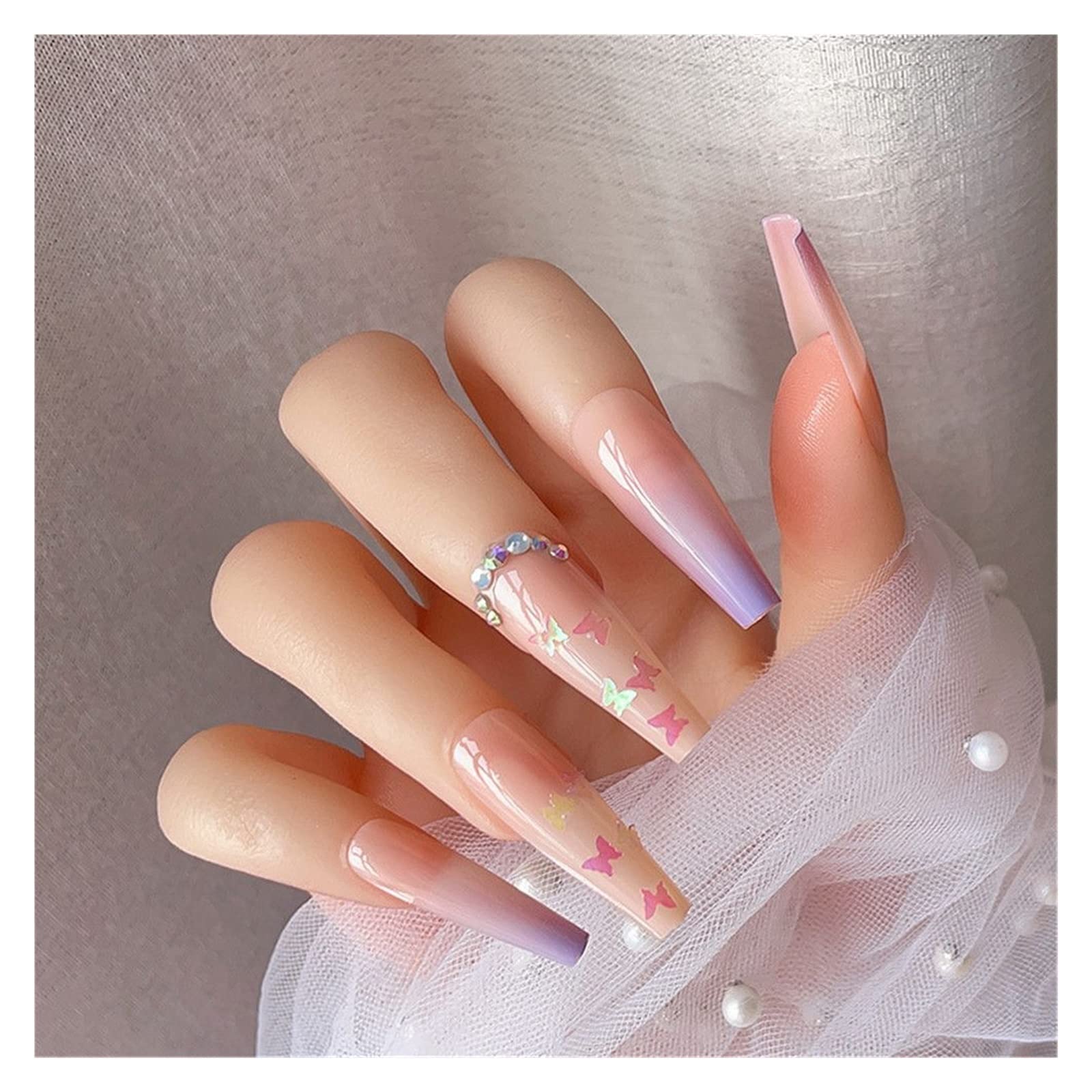 24pcs Long Artificial Nails with Glue - Ballet Fake Nails Orange Smoke Design, Elegant Pearlescent Shiny Nail Art Tools for Women | Perfect for Parties, Weddings, Date Nights & Special Occasions