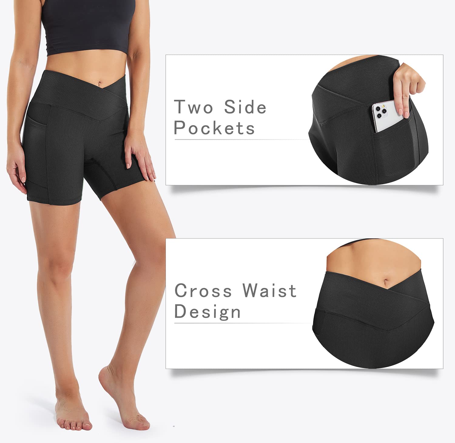 IUGA Women's High Waist Ribbed Biker Shorts - Tummy Control Compression Yoga Shorts with Pockets | Cross Waist Spandex Workout Shorts for Cycling, Running & Gym