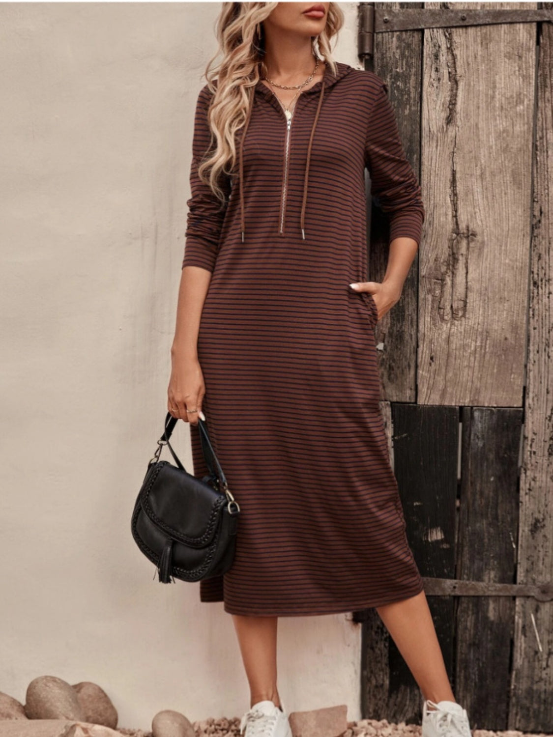 Striped Zip Front Hooded Dress for Women - Casual & Stylish Pullover Hoodie Dress for Everyday Wear, Outings, and Layering