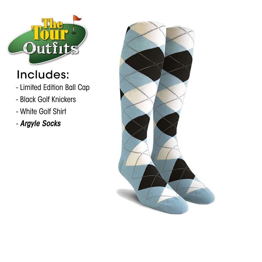 Men's Black Microfiber Outfit Set - Limited Edition Ball Cap, Over-The-Calf Argyle Socks & White Golf Shirt | Perfect for Golfing, Casual Wear & Outdoor Activities