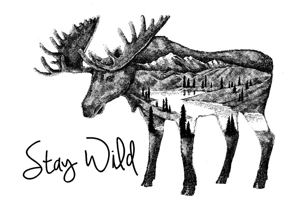 Stay Wild Moose and Mountains Double Exposure 24x36 Signed Art Print - Nature Wall Decor Poster for Living Room, Office & Cabin