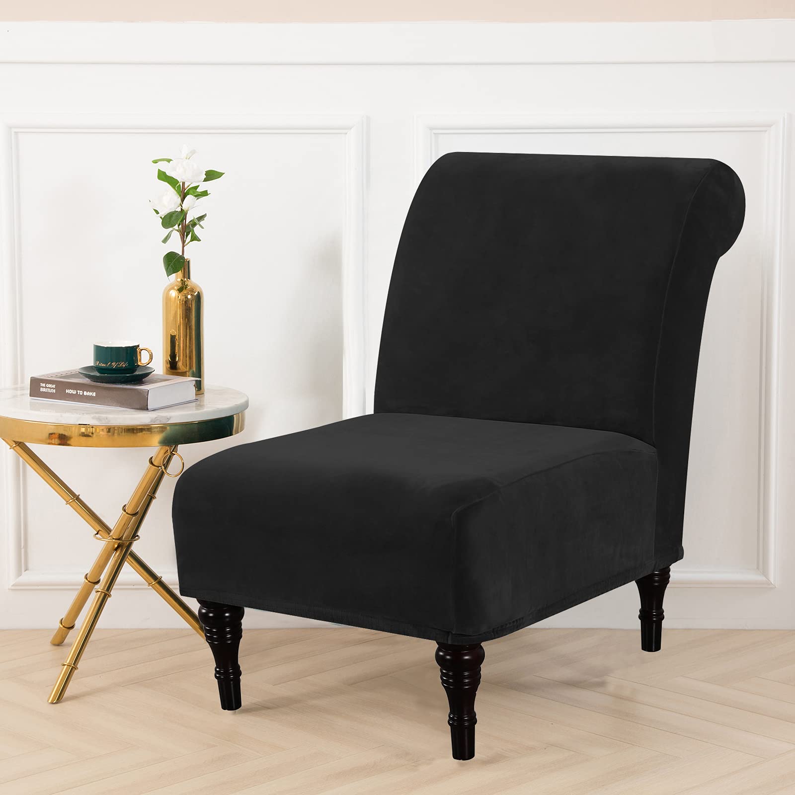 ELEOPTION Velvet Armless Chair Slipcovers - Stretchable Polyester Furniture Protector Covers, Washable & Removable for Living Room, Hotel, Office - Soft & Durable (Black) | Perfect for Home Decor, Guest Seating & Furniture Protection