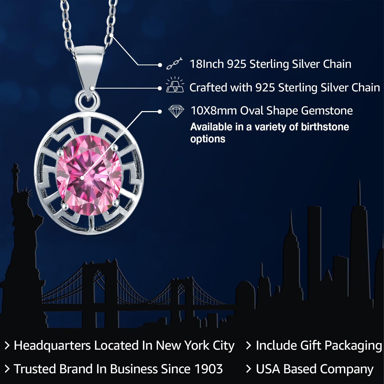 Gem Stone King 925 Sterling Silver 10X8MM Oval Birthstone Necklace for Women | Greek Key Pendant with 18 Inch Silver Chain | Elegant Jewelry Gift for Birthday, Anniversary & Special Occasions