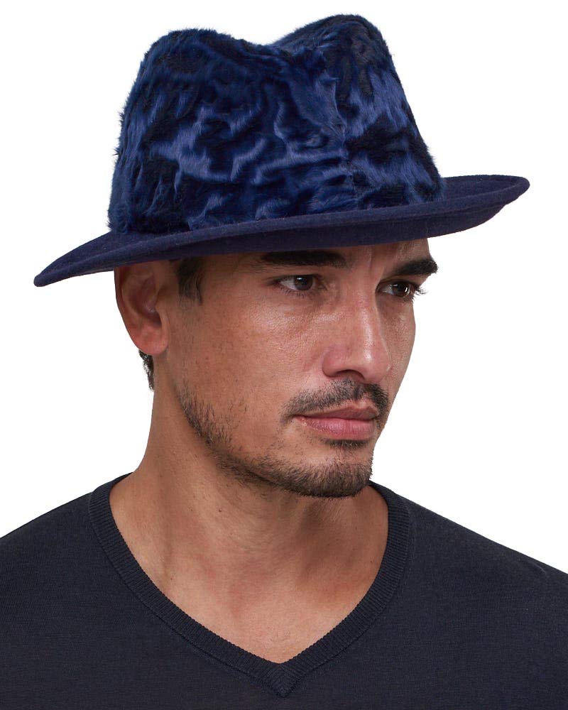 Drake Navy Blue Lamb's Fur Fedora Hat for Men - Stylish Winter Fashion Accessory for Outdoor Events and Parties
