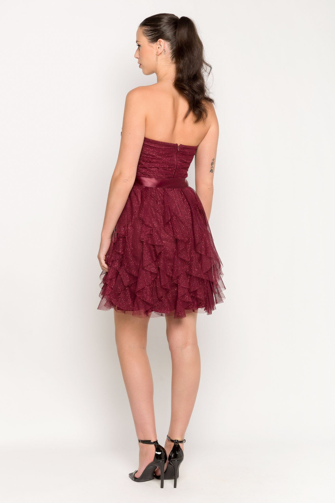 Sparkly Glitter Mesh Tiered Strapless Mini Dress with Adjustable Ribbon Belt for Party, Prom, Night Out, and Special Occasions