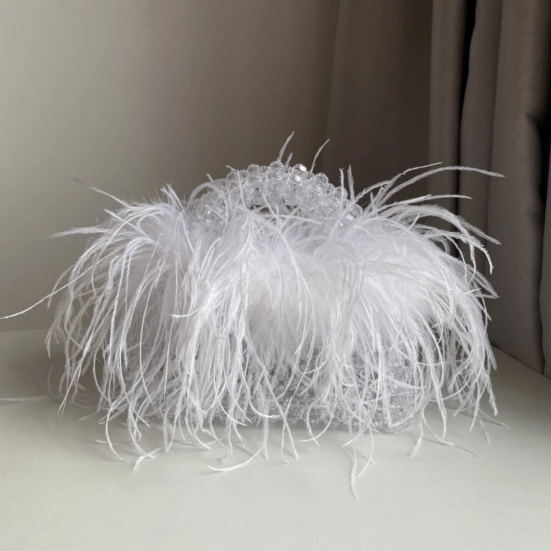 Handmade Designer Pearl Bead Bag with Feather Fur Trim - Elegant Acrylic Crystal Stone Evening Tote Clutch for Women | Perfect for Parties, Weddings & Special Occasions
