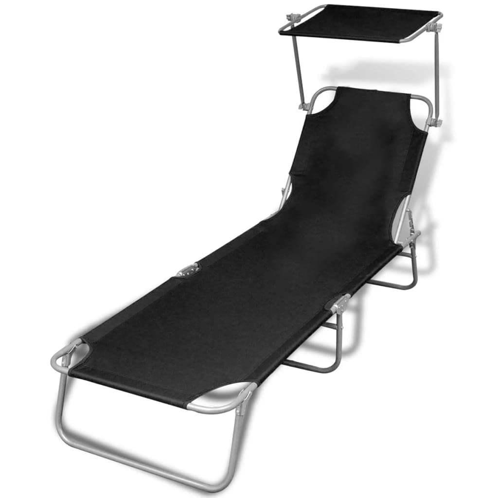 Folding Sun Lounger Beach Chair - Adjustable Reclining Backrest & Canopy, Heavy-Duty Steel Frame & Durable Fabric, Portable Poolside Deck Furniture for Outdoor Use at Patio, Yard, Garden, Camping & Vacation