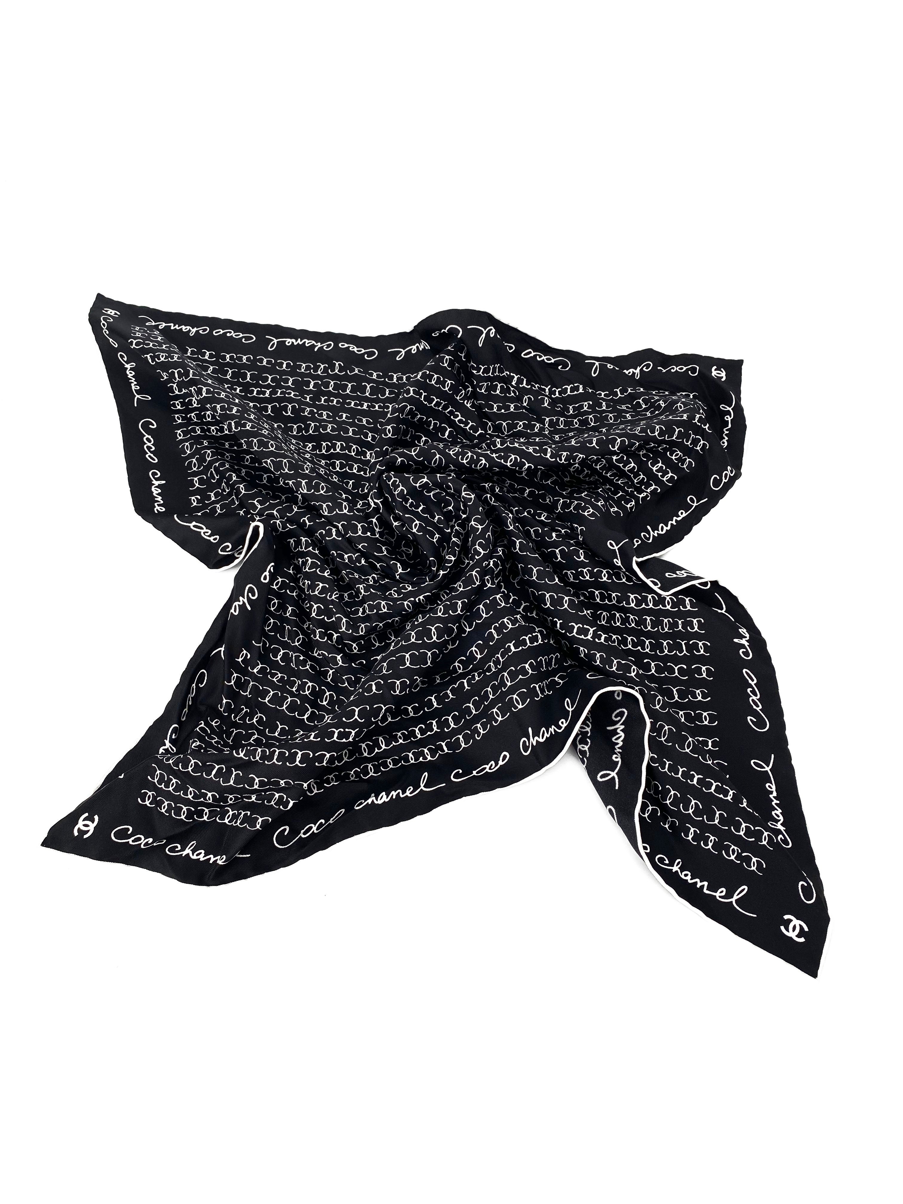 Chanel Black and White Silk Headscarf & Hair Scrunchie Set - Luxury Fashion Accessory for Women, Elegant Head Wrap and Ponytail Holder for Parties, Weddings, and Everyday Style