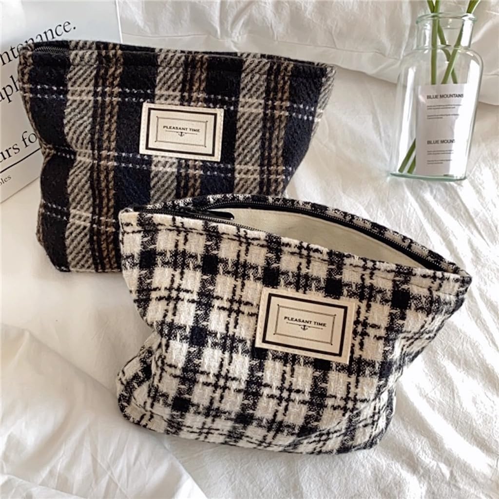 Stylish Corduroy Checkered Makeup Bag for Women - Small Cosmetic Zipper Pouch, Cute Travel Toiletry Organizer, Perfect Gift for Girls & Women (Woven Checkered Pattern) - Ideal for Travel, Gym, and Everyday Purse Essentials